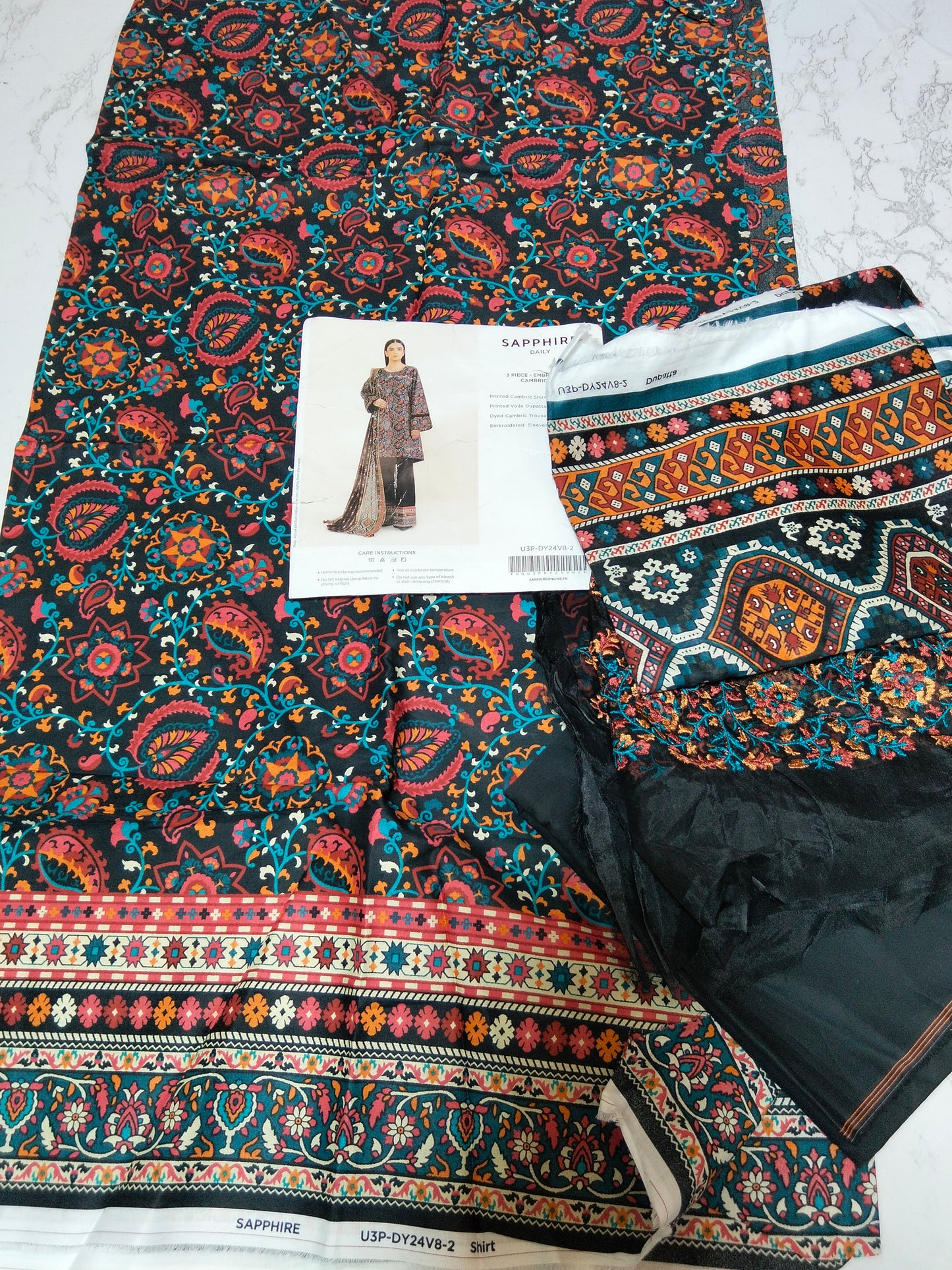 Sale Original Sapphire printed lawn 3pc with Embroidered sleeves Border