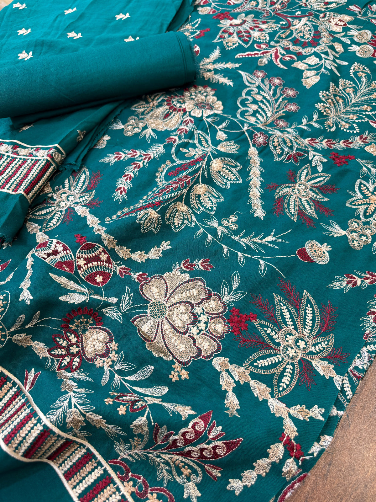 Peacock blue Luxury embroided karandi 3pc with heavy embroided shawl light embroided shirt plain trouser