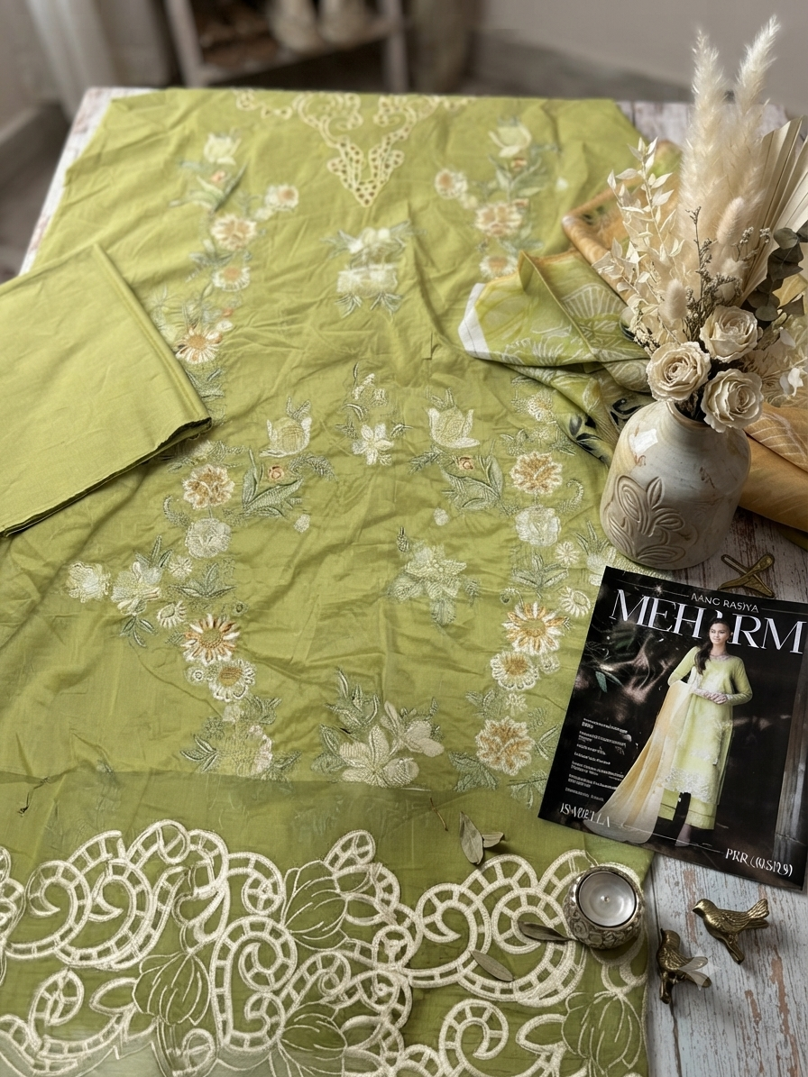Sale  rang rasiya embroided lawn 3pc with plain trouser and printed silk dupatta with embroided patches (minor def)