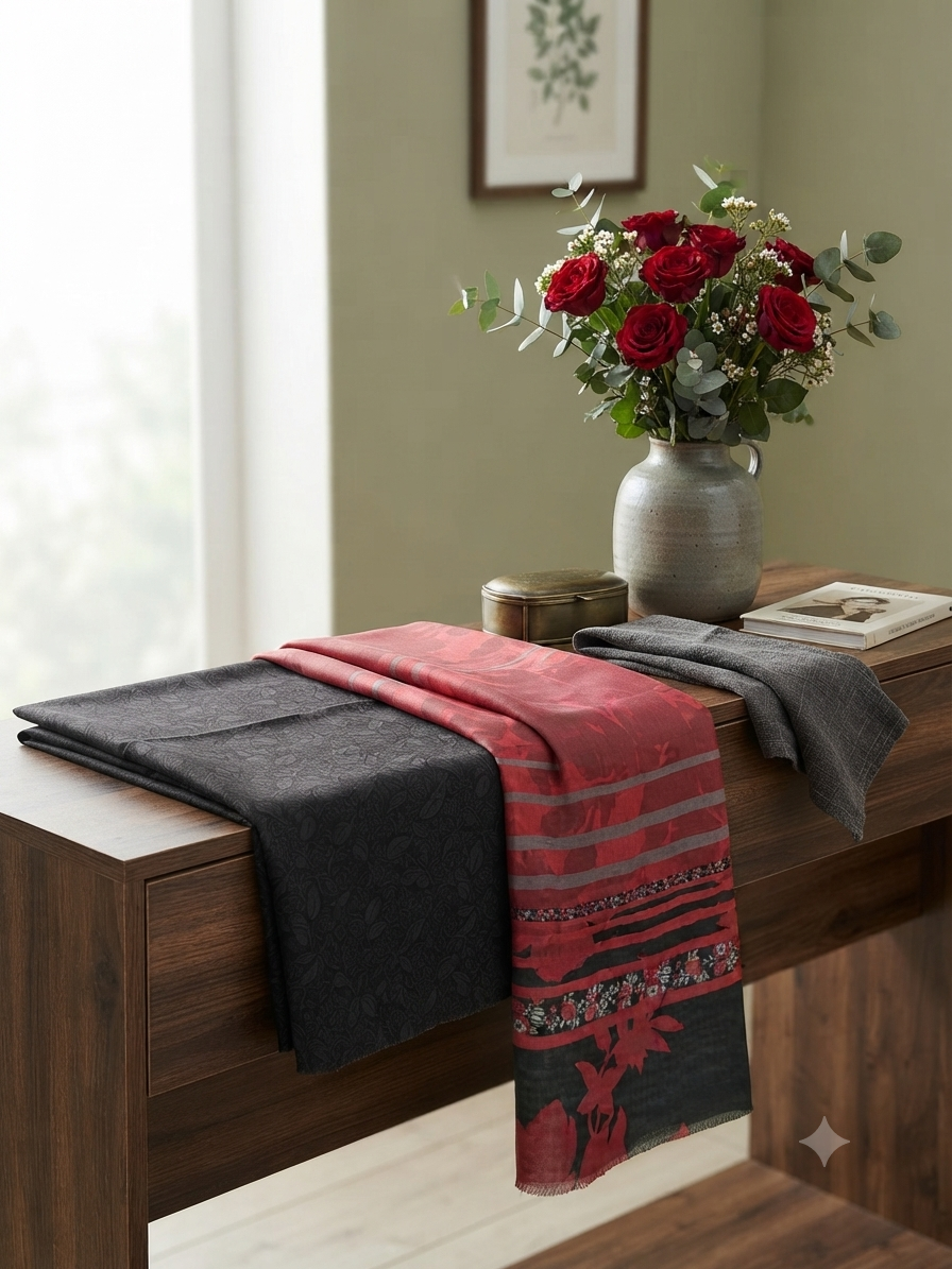Sale Jazmine by baroque printed linen shirt and trouser with printed wool shawl winter 3pc