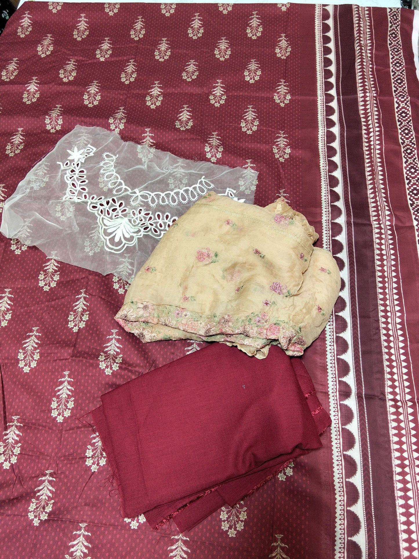 Sale Printed lawn Shirt with Embroidered Neck line + Breeze embroidered pure chiffon dupatta+Plain Trouser