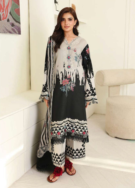 Mushq Roheenaz Black Petals embroided 3pc with pure chiffon embroided duppata