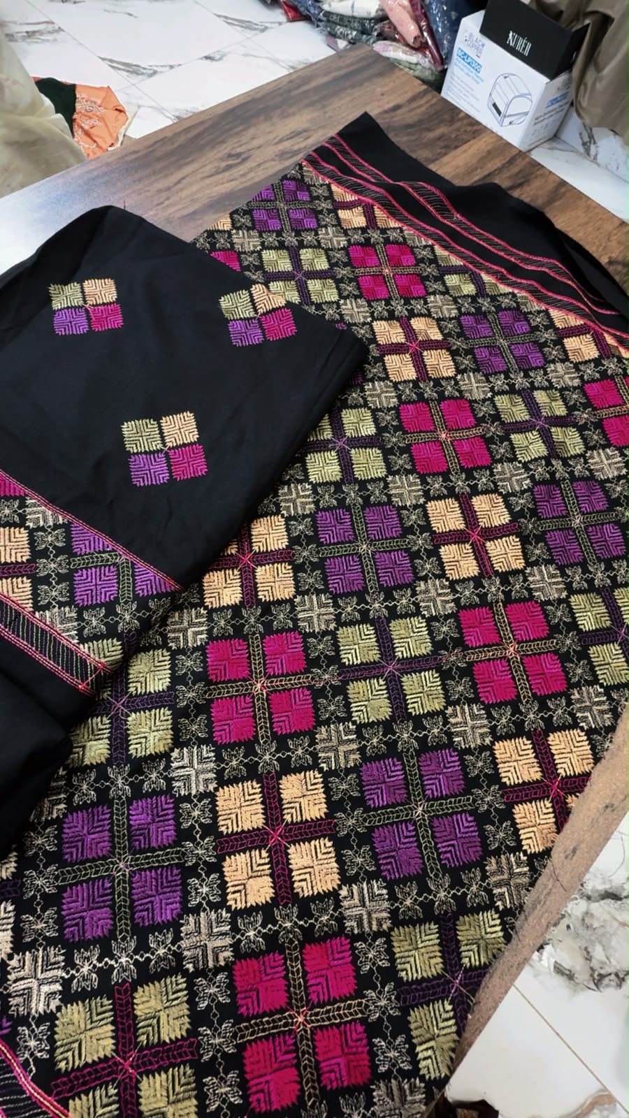 Black Luxury embroided karandi 3pc with heavy embroided shawl light embroided shirt plain trouser