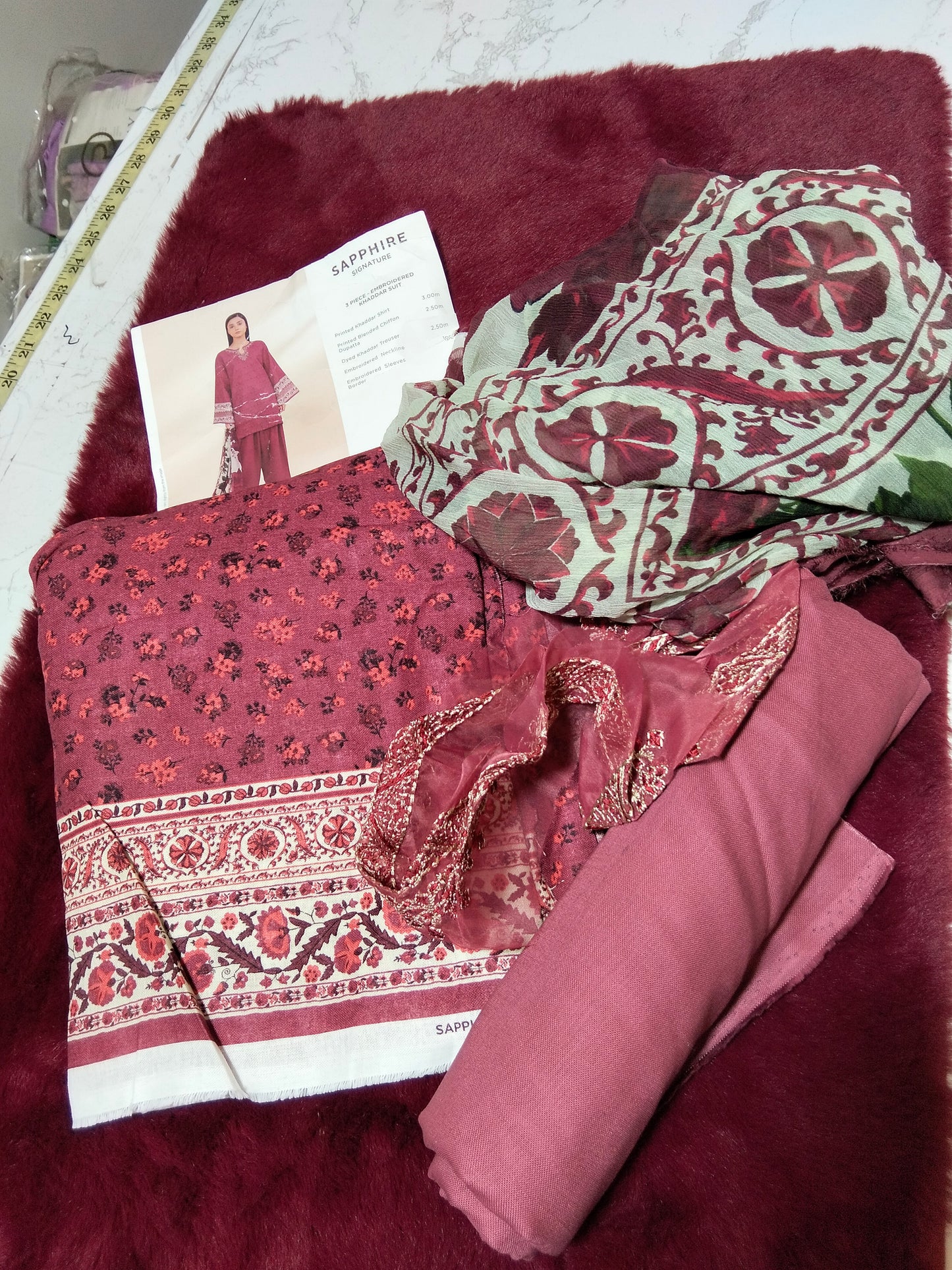 Sale printed khadar 3pc with plain trouser and printed chiffon dupatta embroided patches