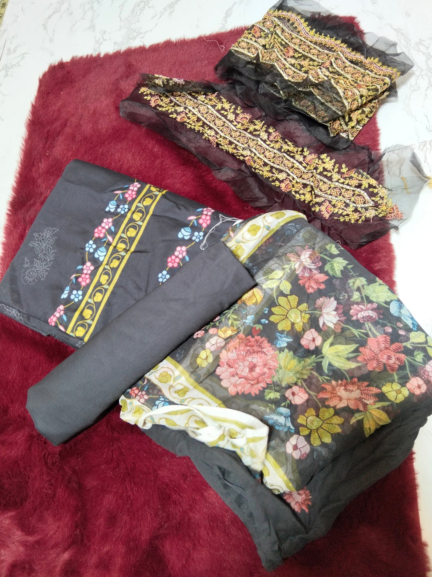 Sale cross stitch printed lawn shirt with plain trouser and printed chiffon dupatta with embroided patches