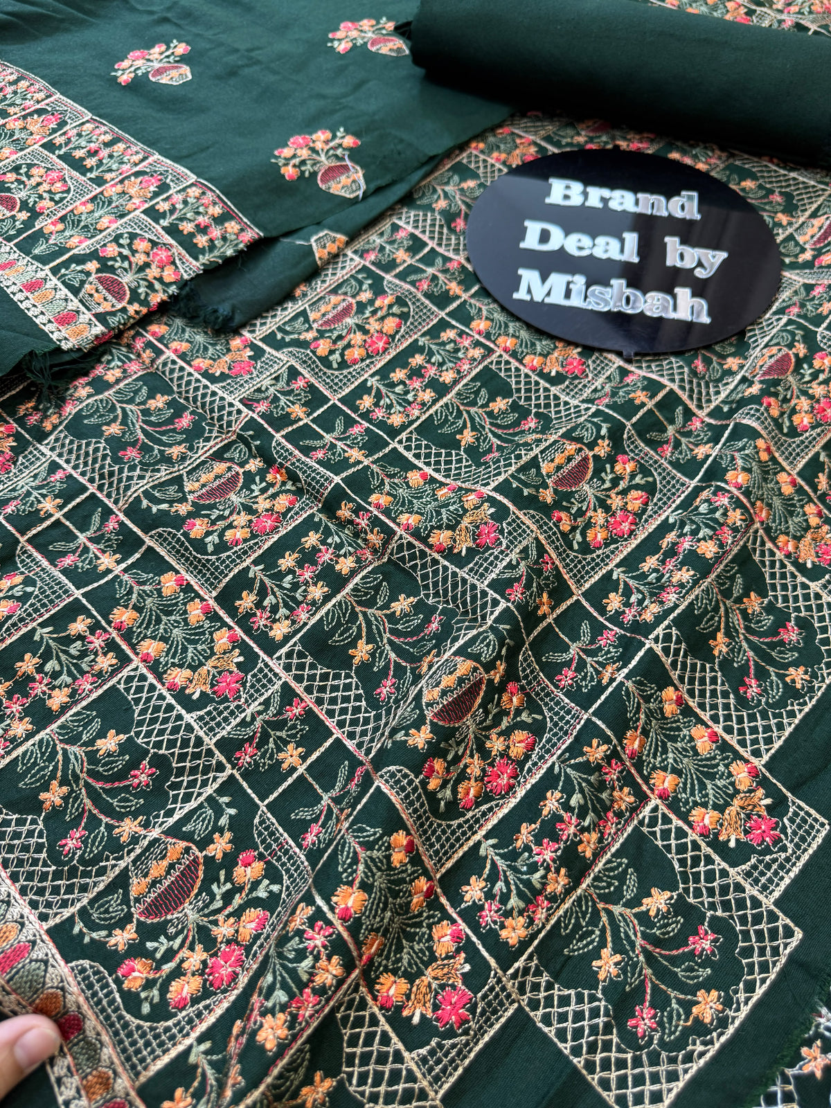 Dark green Luxury embroided karandi 3pc with heavy embroided shawl light embroided shirt plain trouser