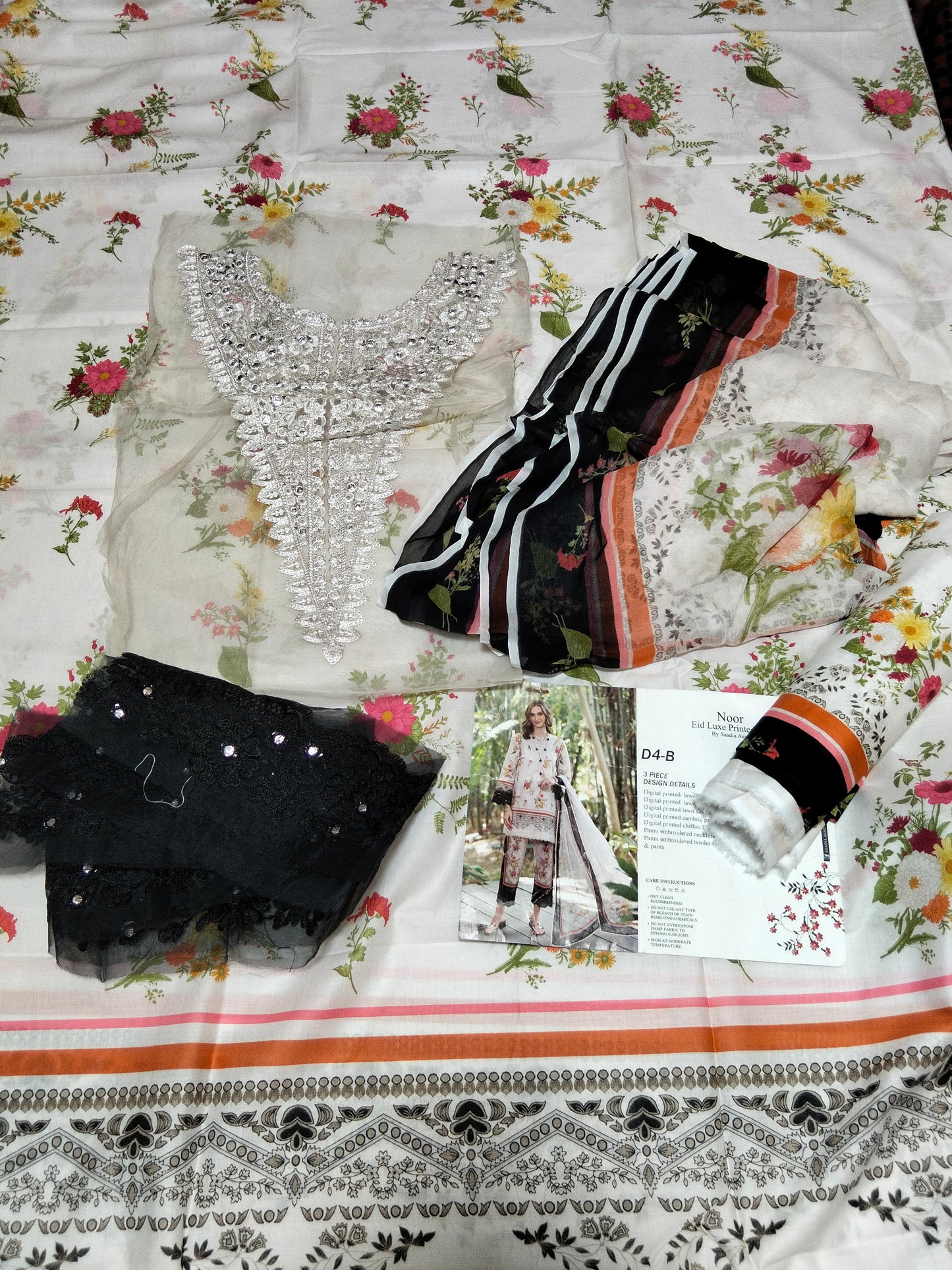Sale Noor by Sadia Asad printed lawn 3pc with printed trouser and printed chiffon dupatta with embroided patches
