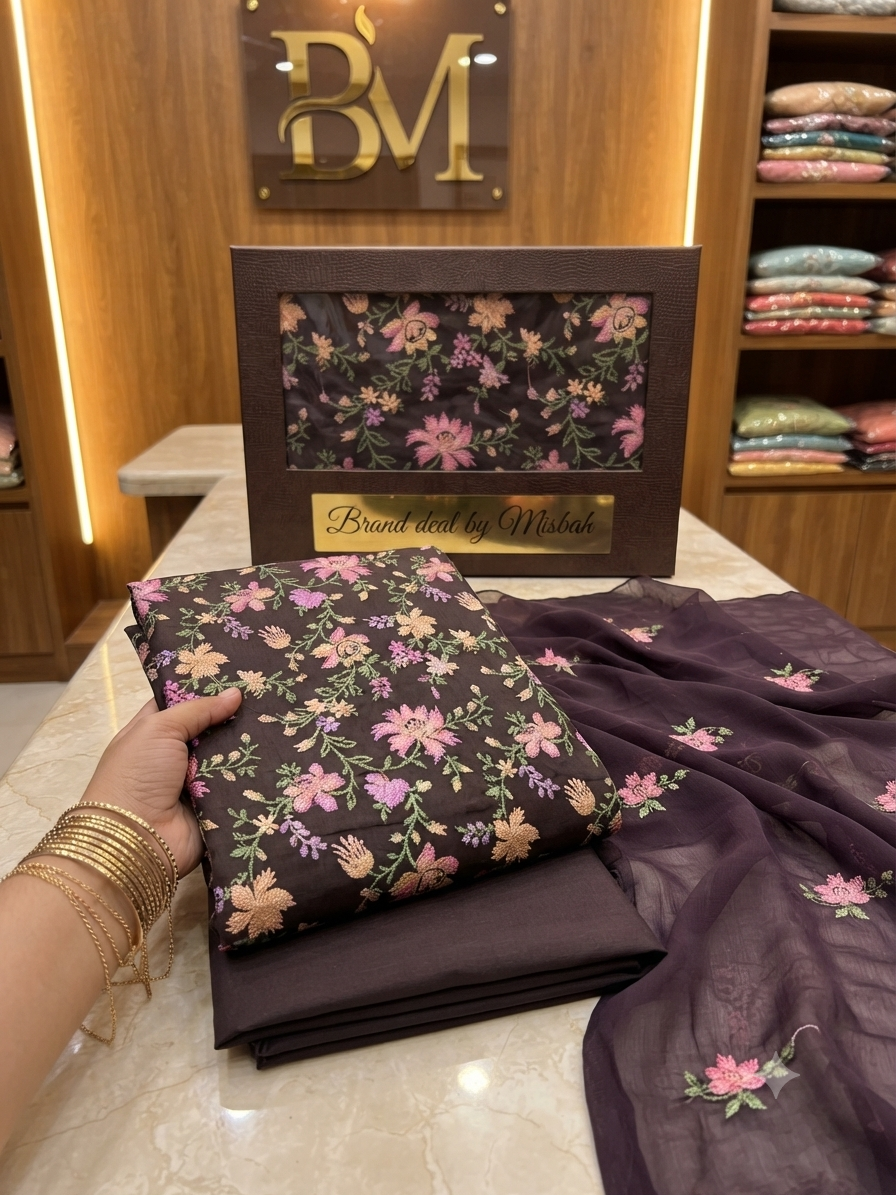 Luxury Karandi embroided 3pc with embroided chiffon duppata plain karandi trouser