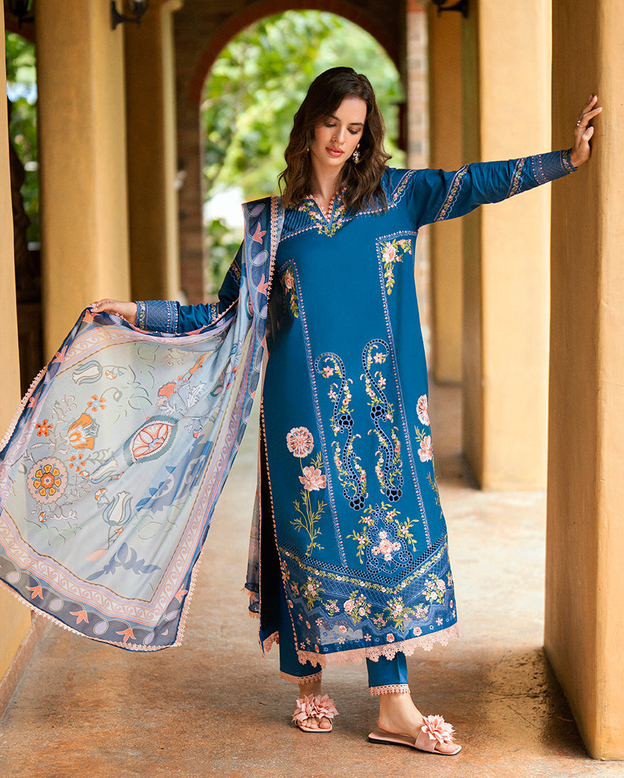 Sale Roheenaz embroided lawn 3pc with plain trouser and printed silk dupatta with embroided patches (unstitched)