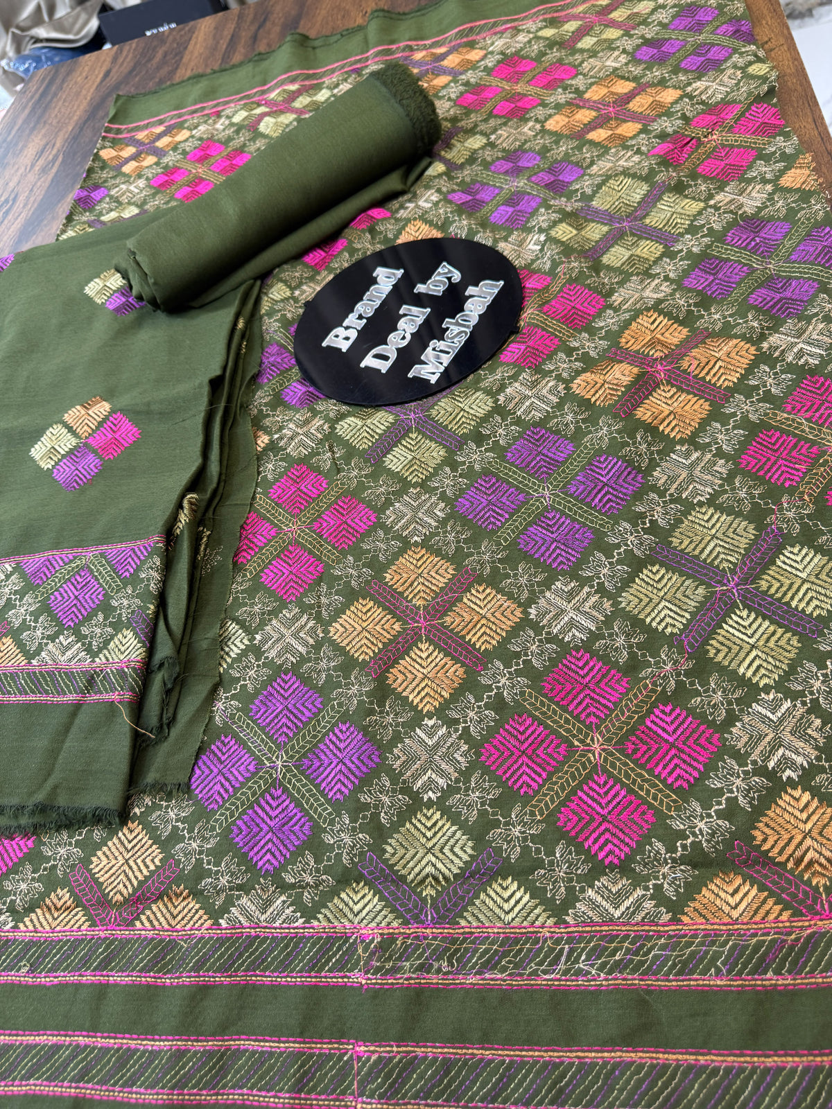 Luxury embroided karandi 3pc with heavy embroided shawl light embroided shirt plain trouser
