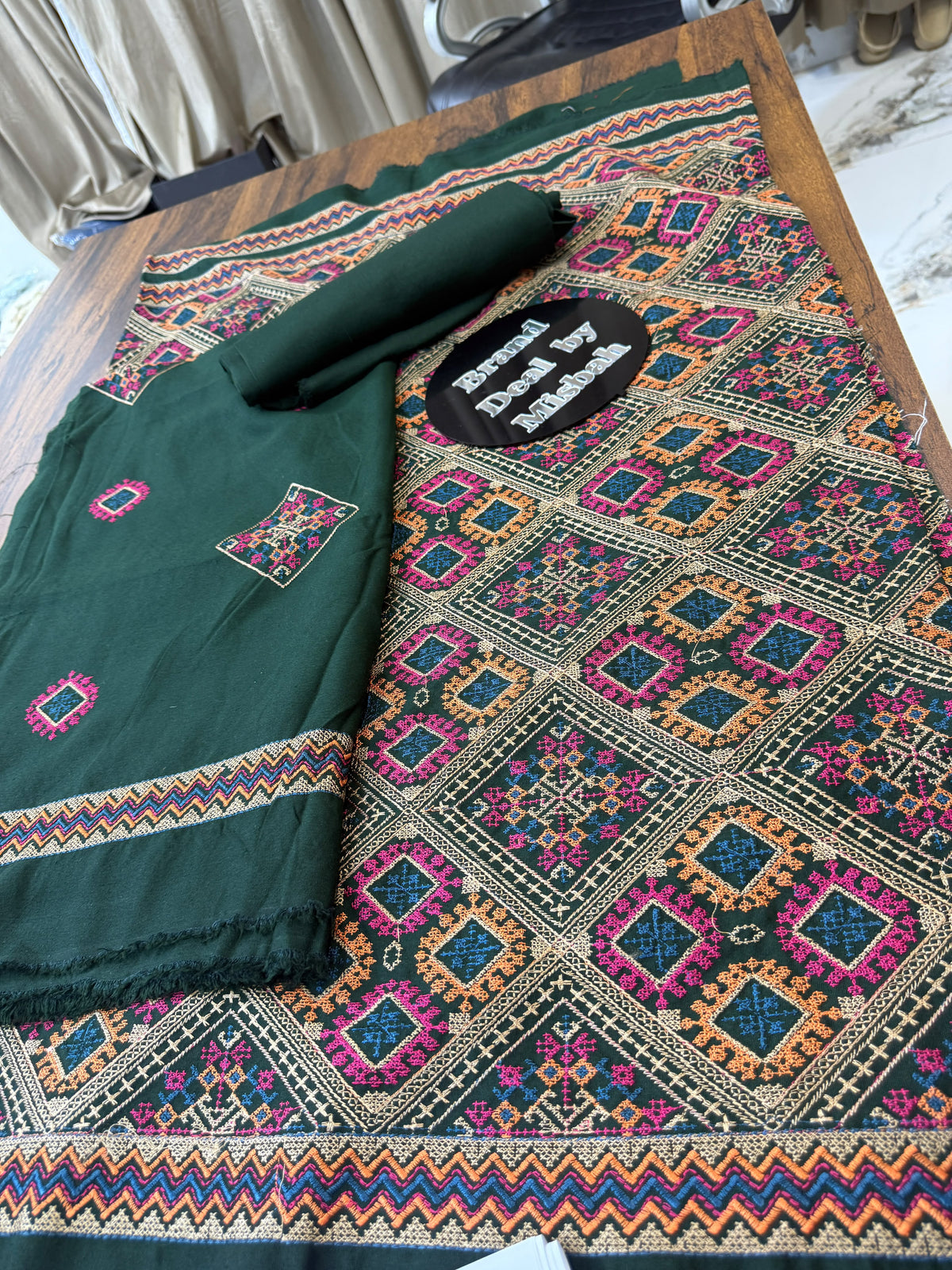 Dark green Luxury embroided karandi 3pc with heavy embroided shawl light embroided shirt plain trouser