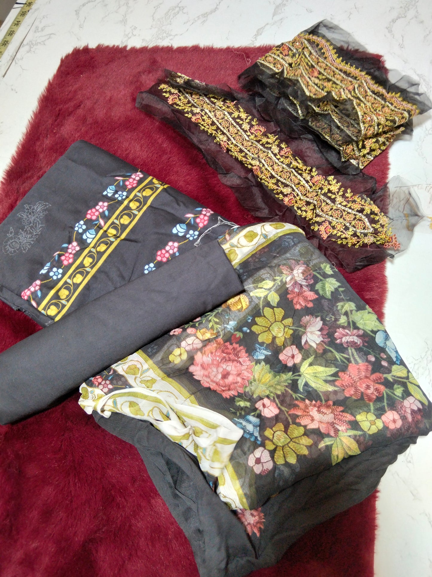 Sale cross stitch printed lawn shirt with plain trouser and printed chiffon dupatta with embroided patches