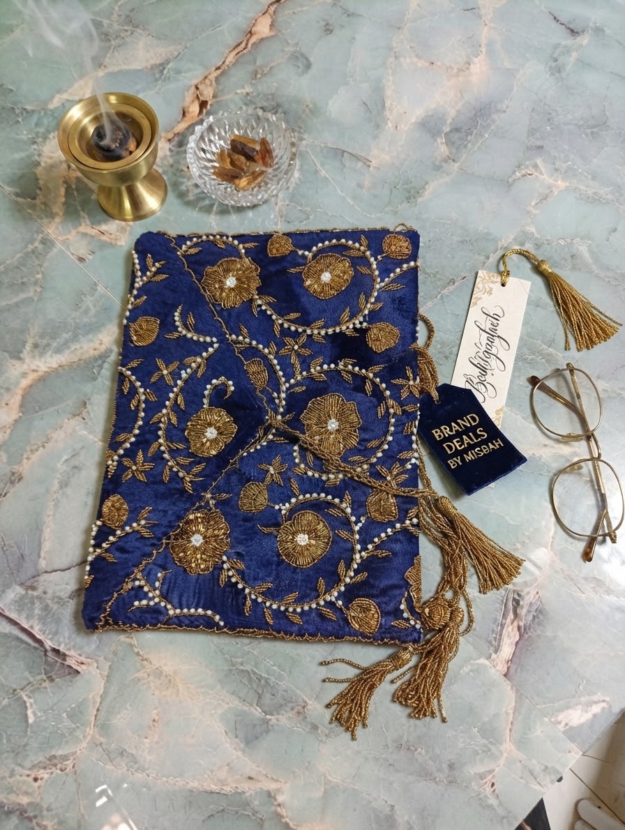 Quran pak ghilaf soft padded polyster filling  hand made pearl work velvet base