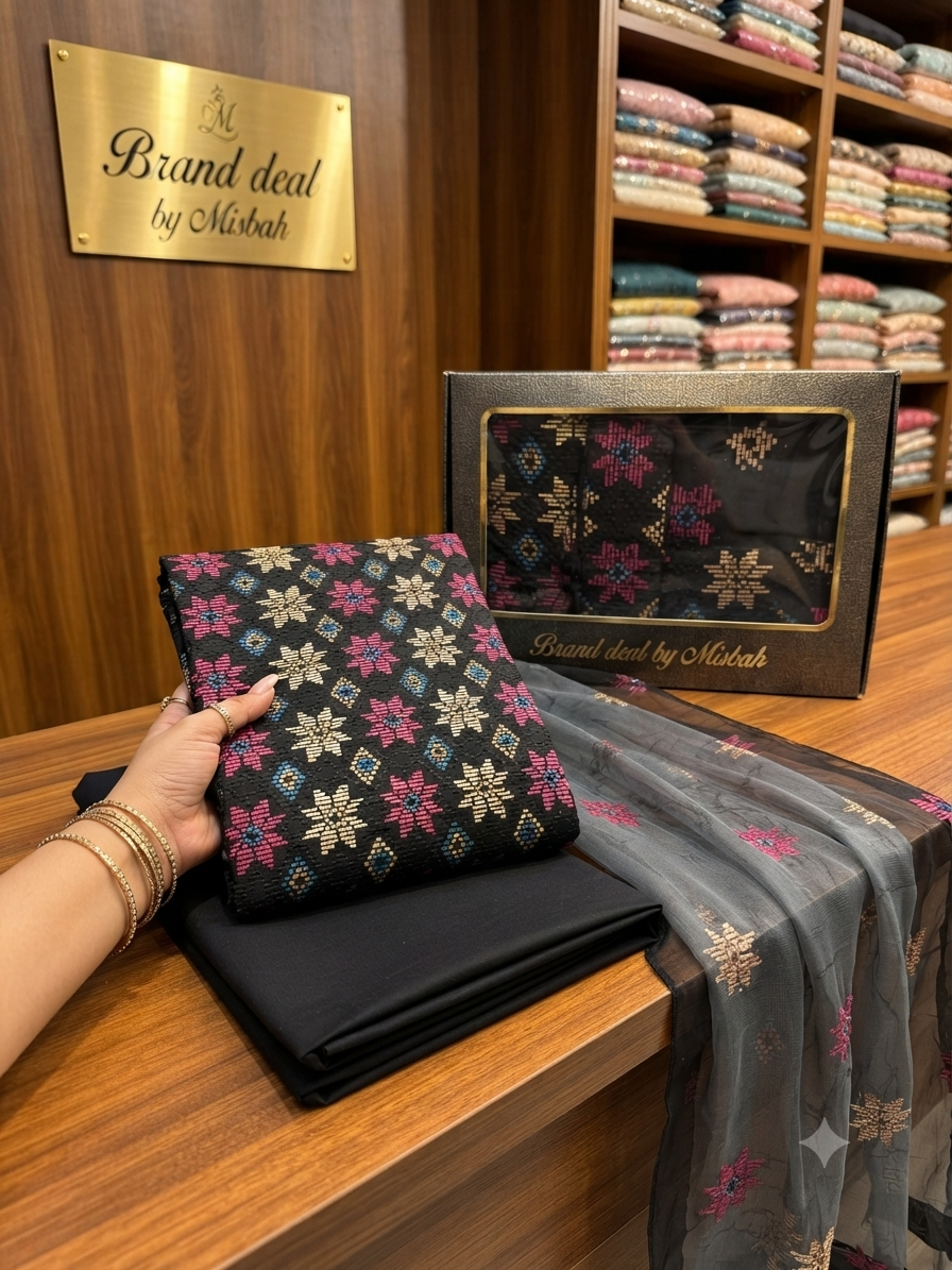 Luxury Karandi embroided 3pc with embroided chiffon duppata plain karandi trouser