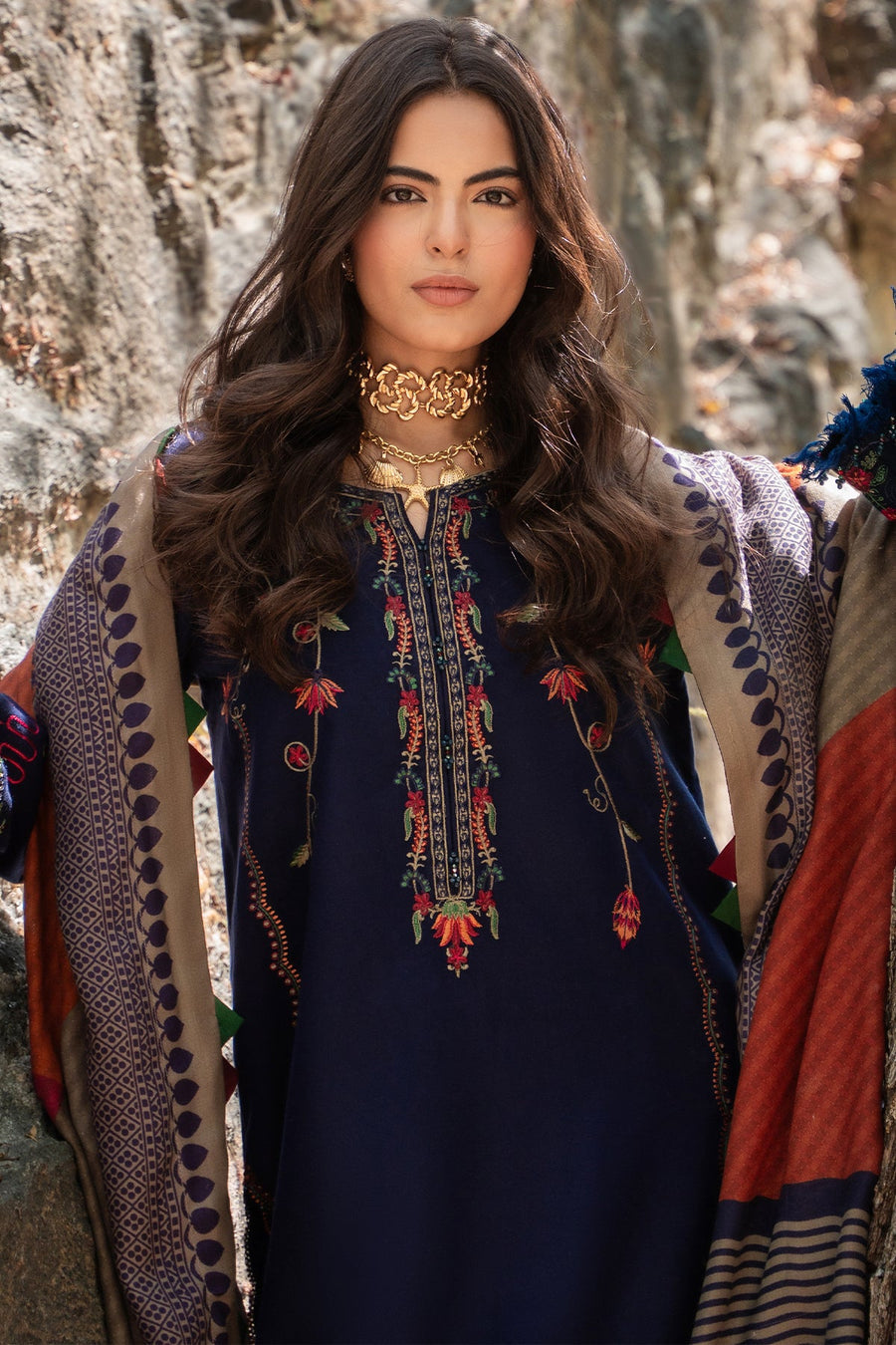 Charizma poshima unstitched 3PC embroided peach leather with printed wool shawl