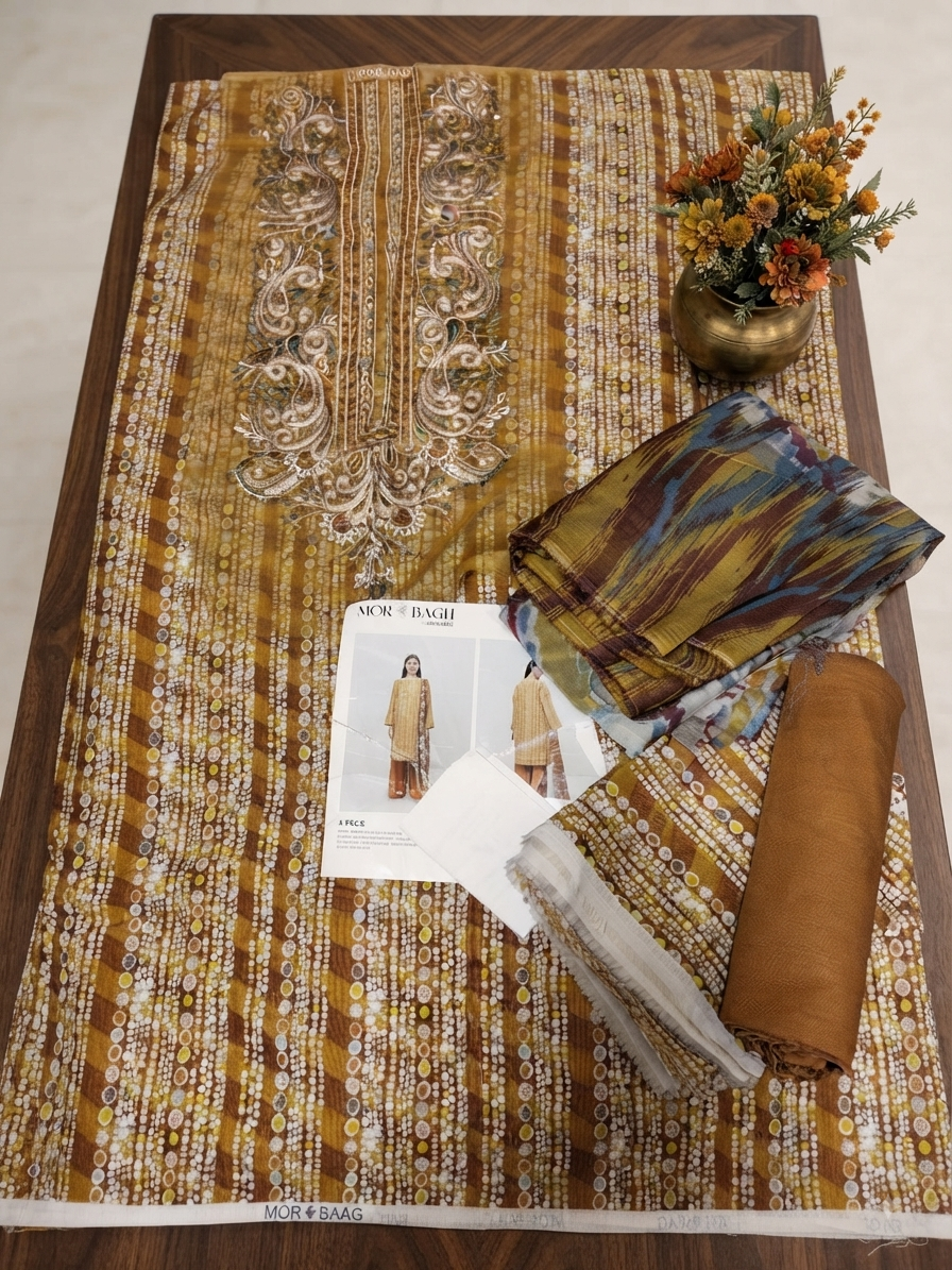 Sale printed Khaddar 3pc with plain trouser and printed chiffon dupatta
