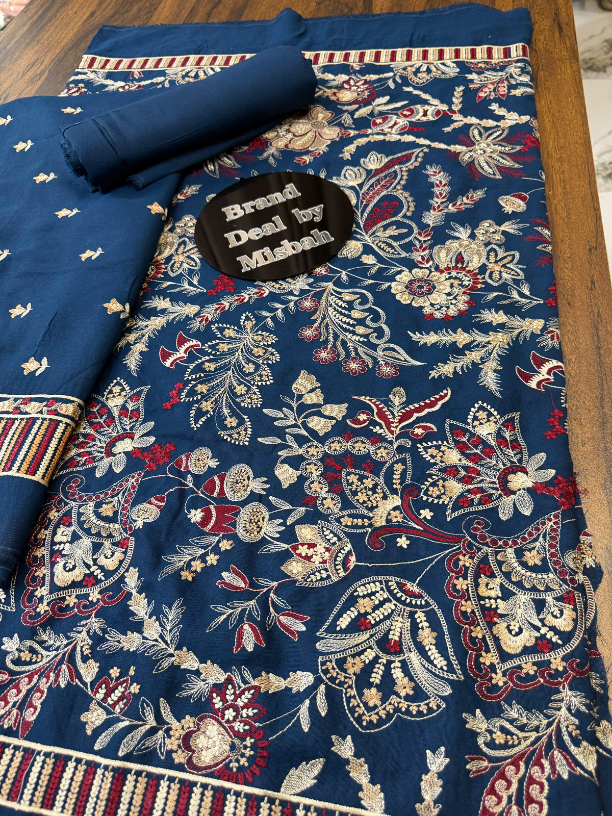 Teal blue Luxury embroided karandi 3pc with heavy embroided shawl light embroided shirt plain trouser