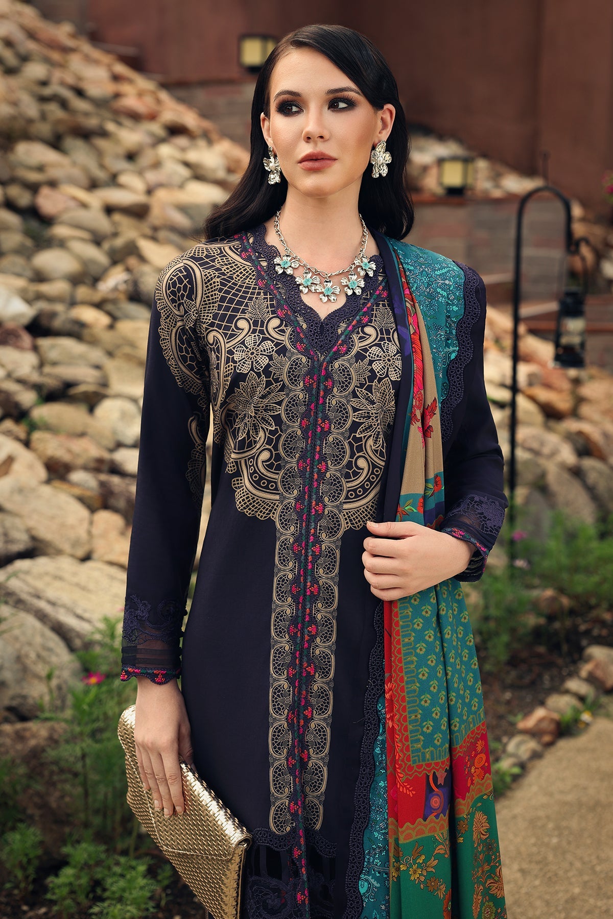 Charizma combination 3pc embroided linen with embroided Irish linen Shawl