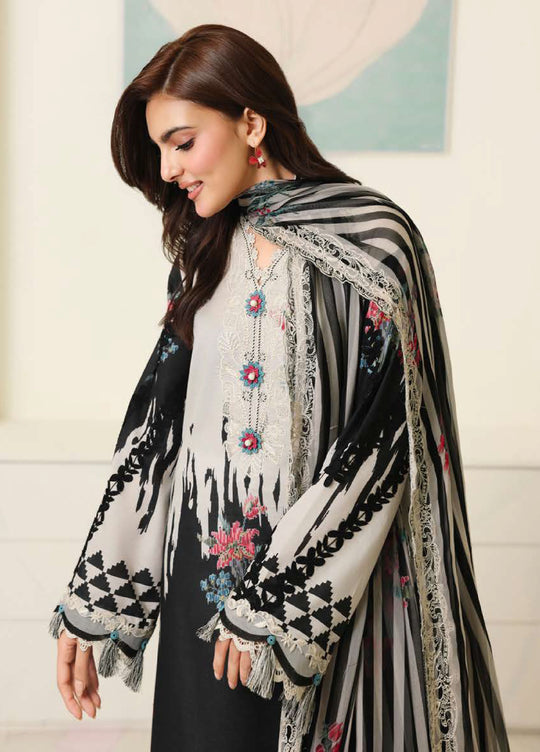 Mushq Roheenaz Black Petals embroided 3pc with pure chiffon embroided duppata
