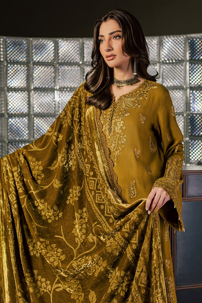 Nureh 3pc  embroided peach leather shirt with velvet palachi shawl and dyed peach leather trouser