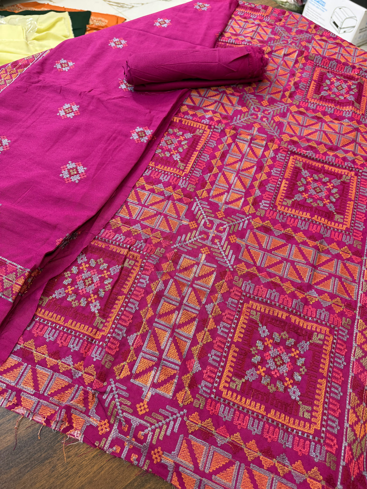 Luxury embroided karandi 3pc with heavy embroided shawl light embroided shirt plain trouser