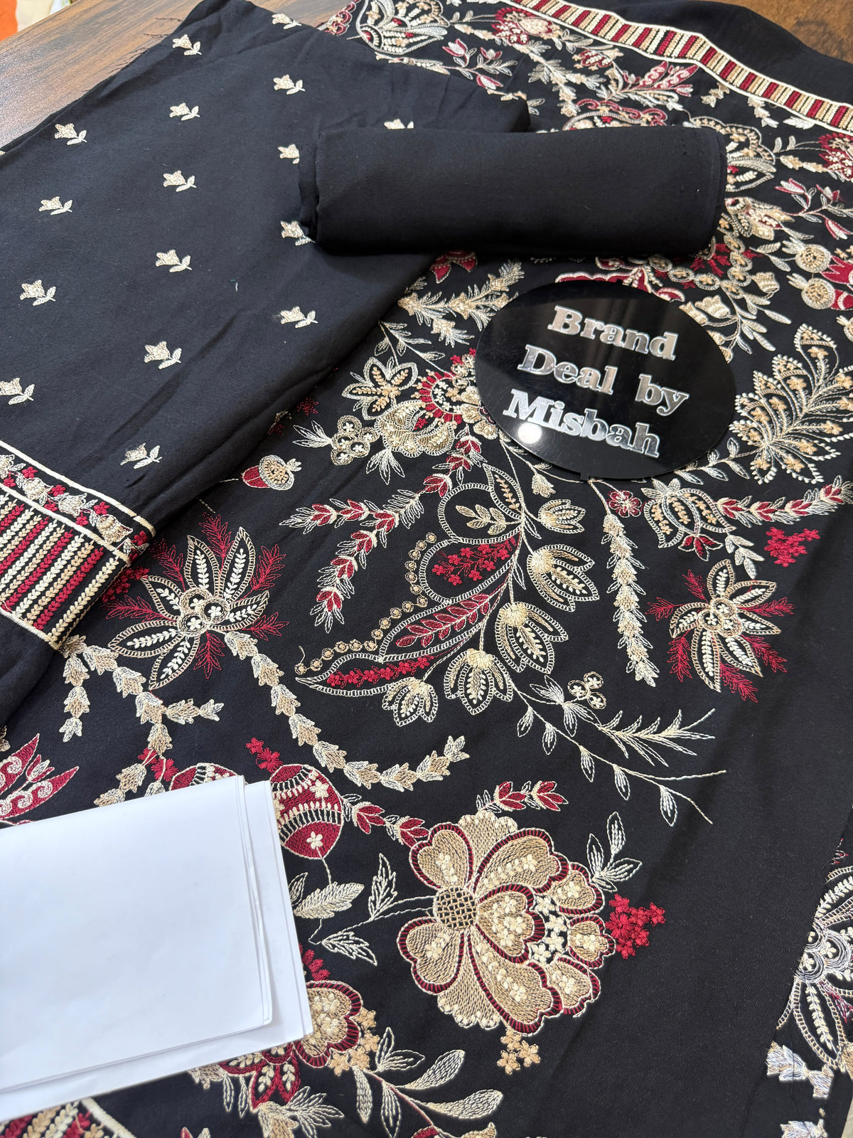Black Luxury embroided karandi 3pc with heavy embroided shawl light embroided shirt plain trouser