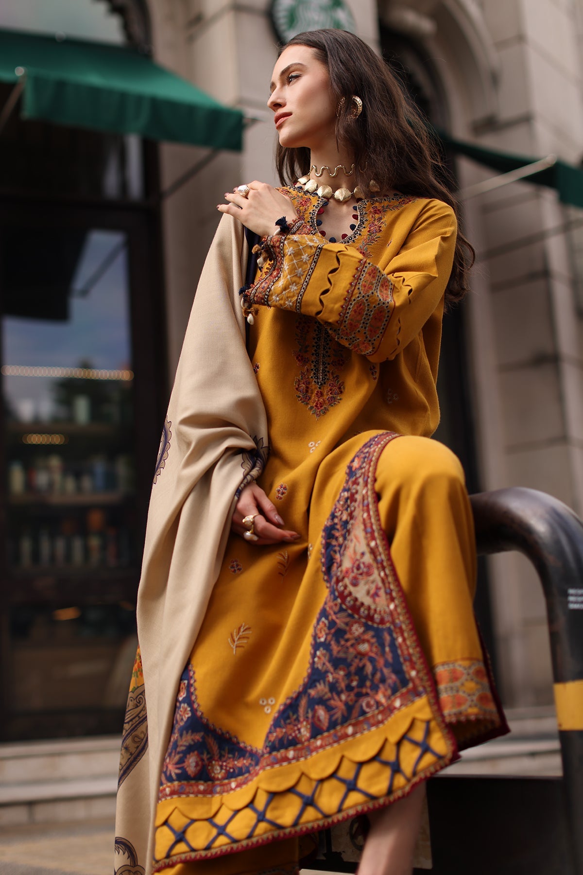 Charizma (poshima) unstitched 3Pc embroidered peach leather with printed pashmina shawl