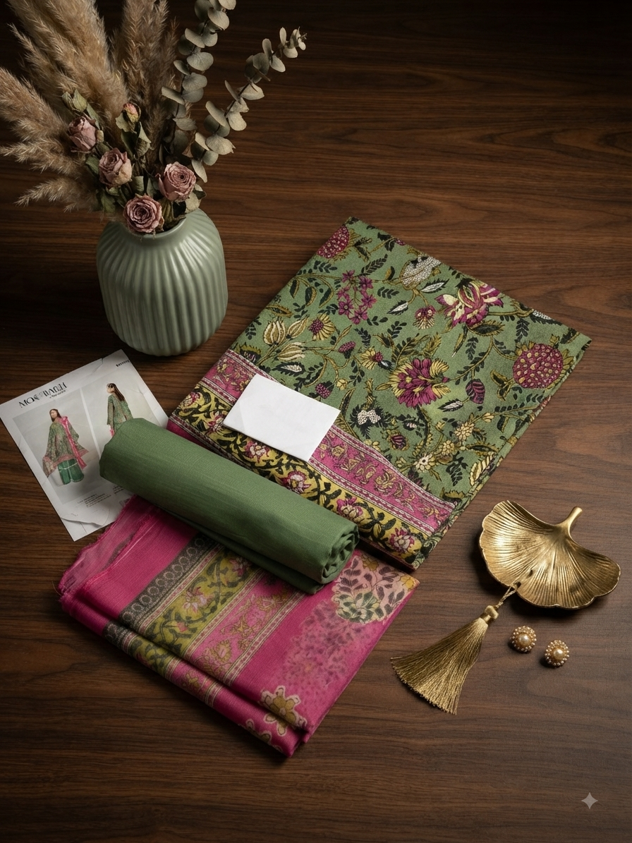 Sale beech tree printed khadar 3pc with plain trouser and printed chiffon dupatta complete 3pc winter