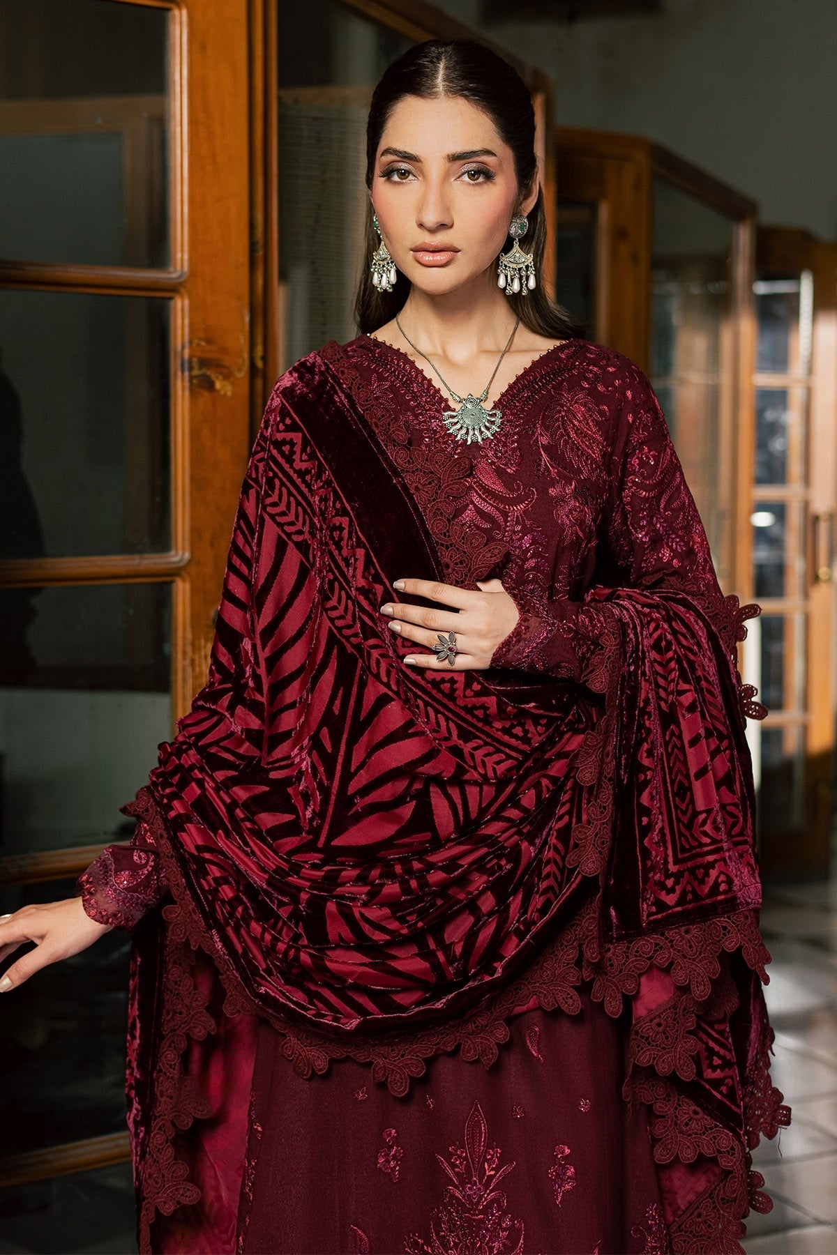 Nureh 3pc  embroided peach leather shirt with velvet palachi shawl and dyed peach leather trouser