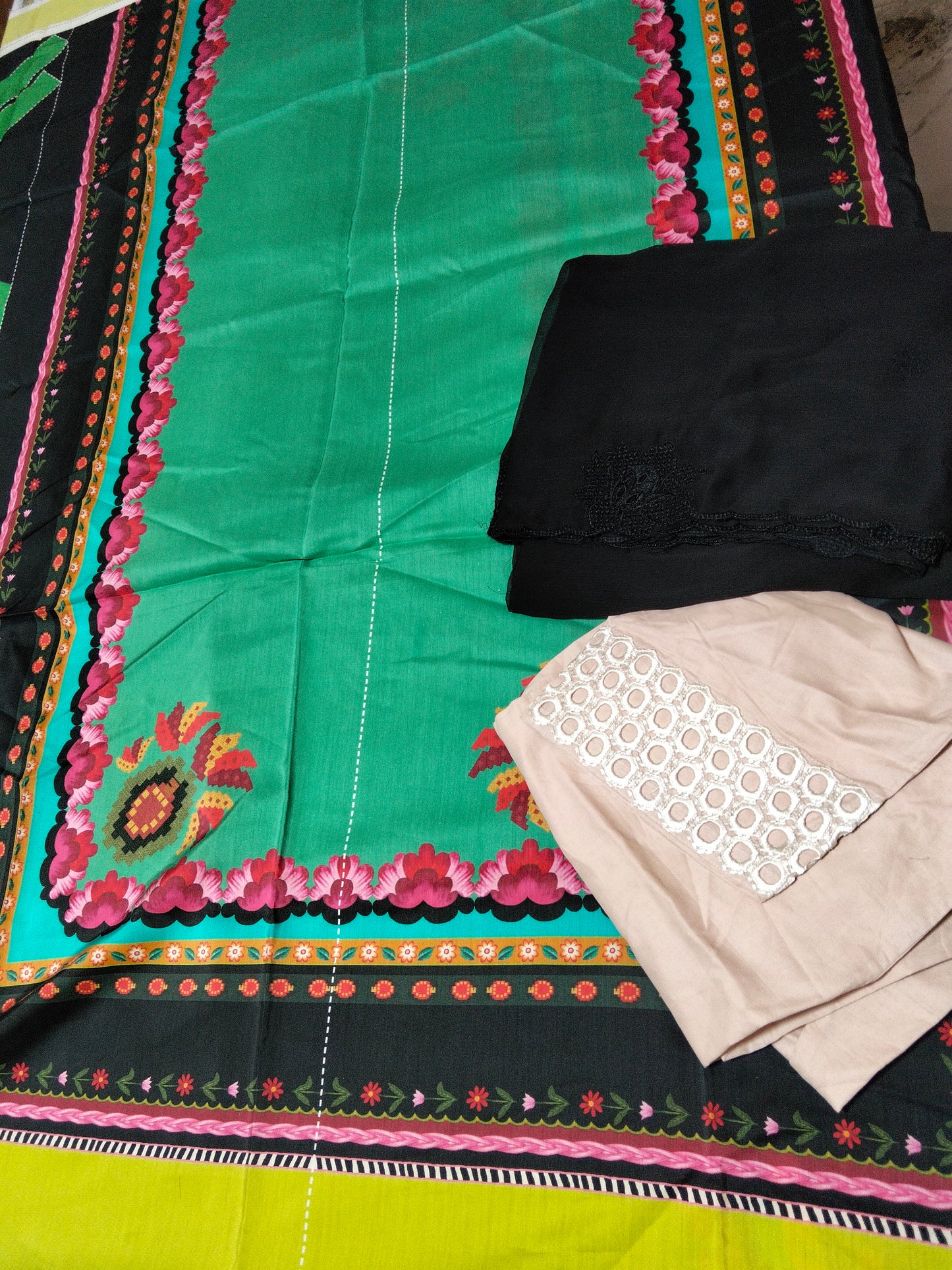 Sale printed shirt with stitch trouser + pure embroided chiffon dupatta