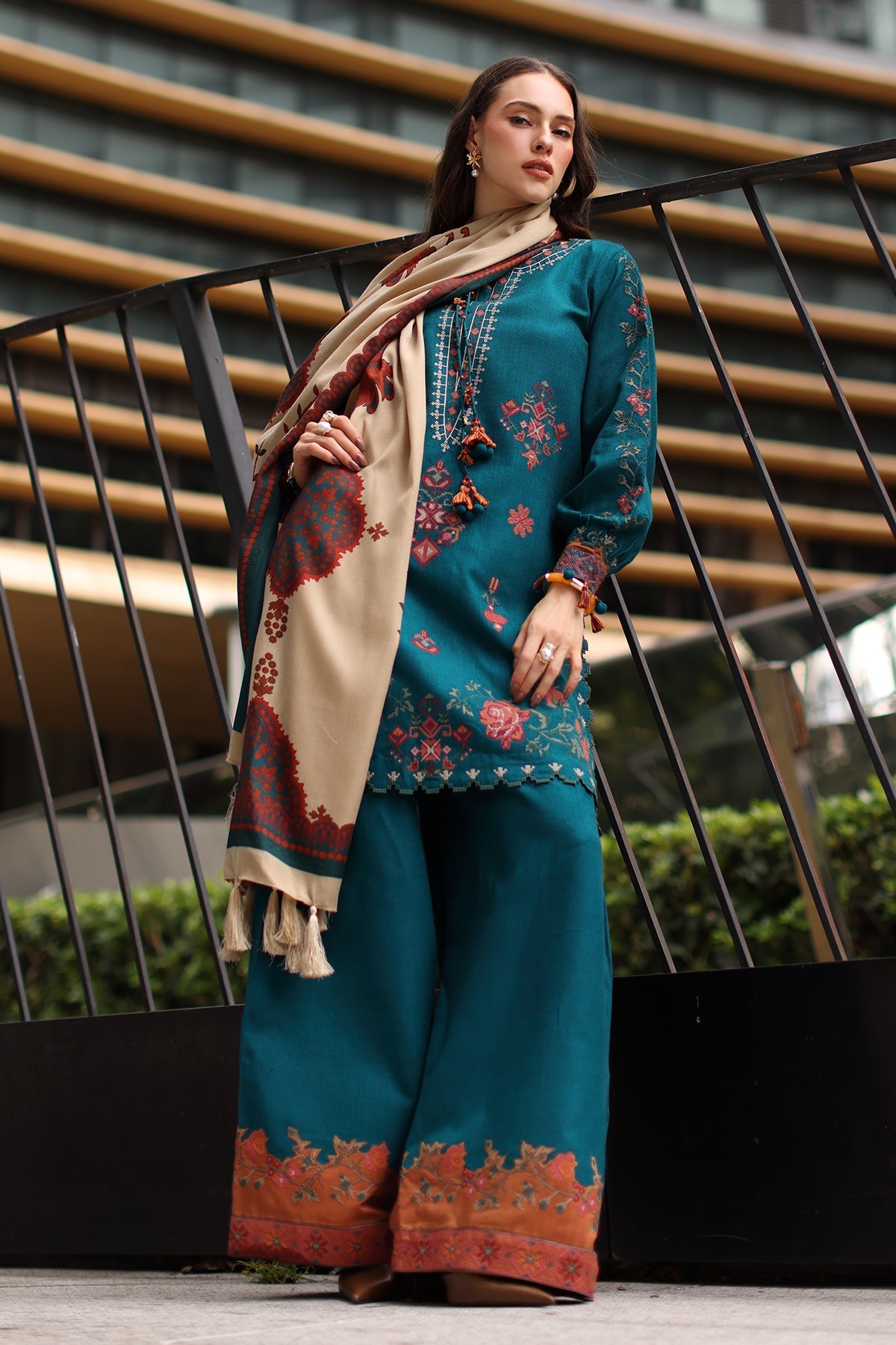 Charizma (poshima) unstitched 3Pc embroidered peach leather with printed pashmina shawl