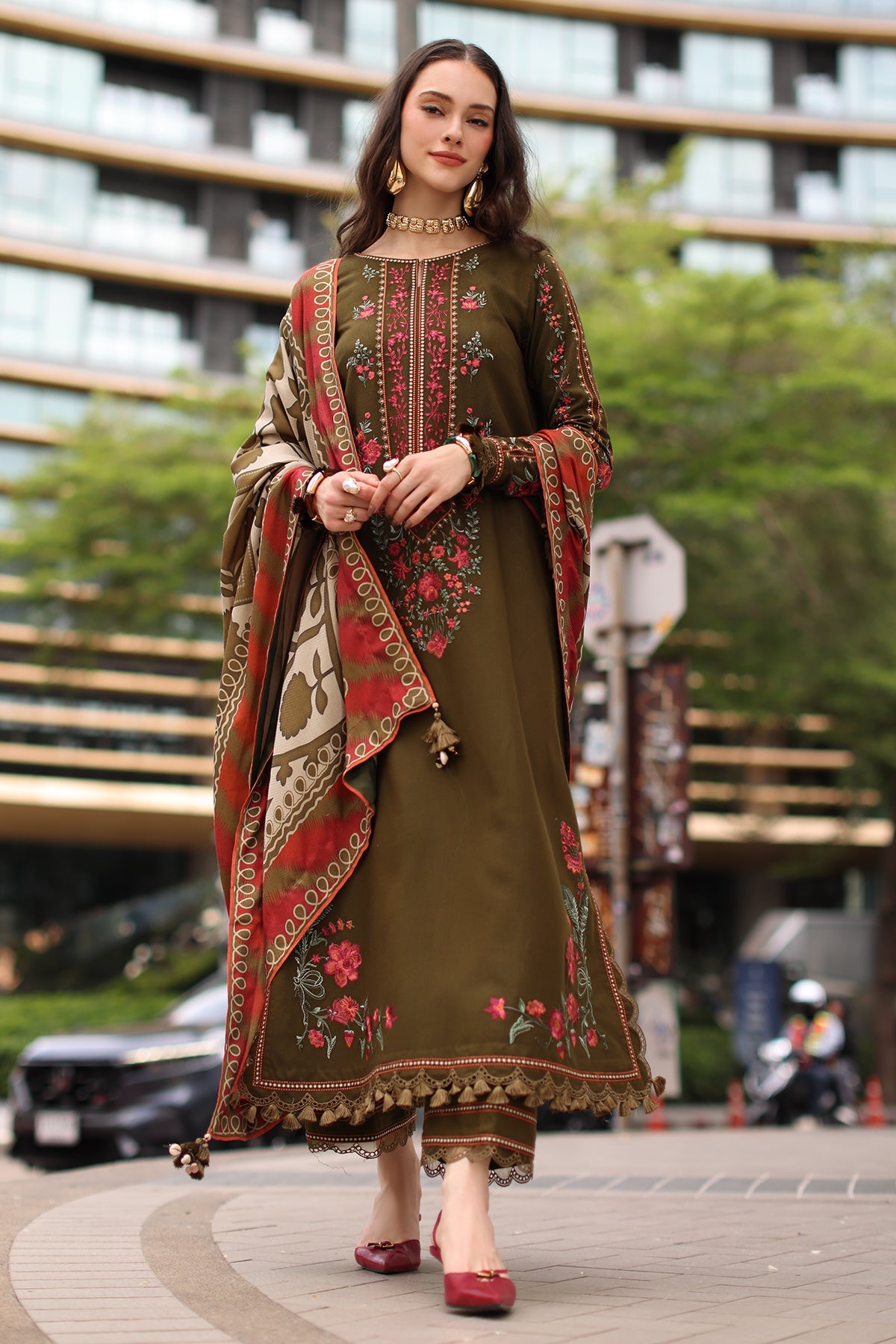 Charizma (poshima) unstitched 3Pc embroidered peach leather with printed pashmina shawl
