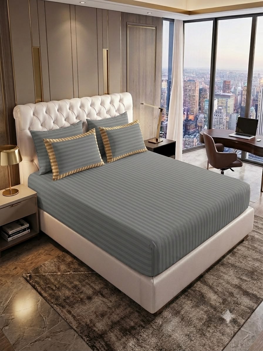 Light gray 🩶Fitted bed sheet & 2 pillow covers leather embosed cotton satin stuff
king size