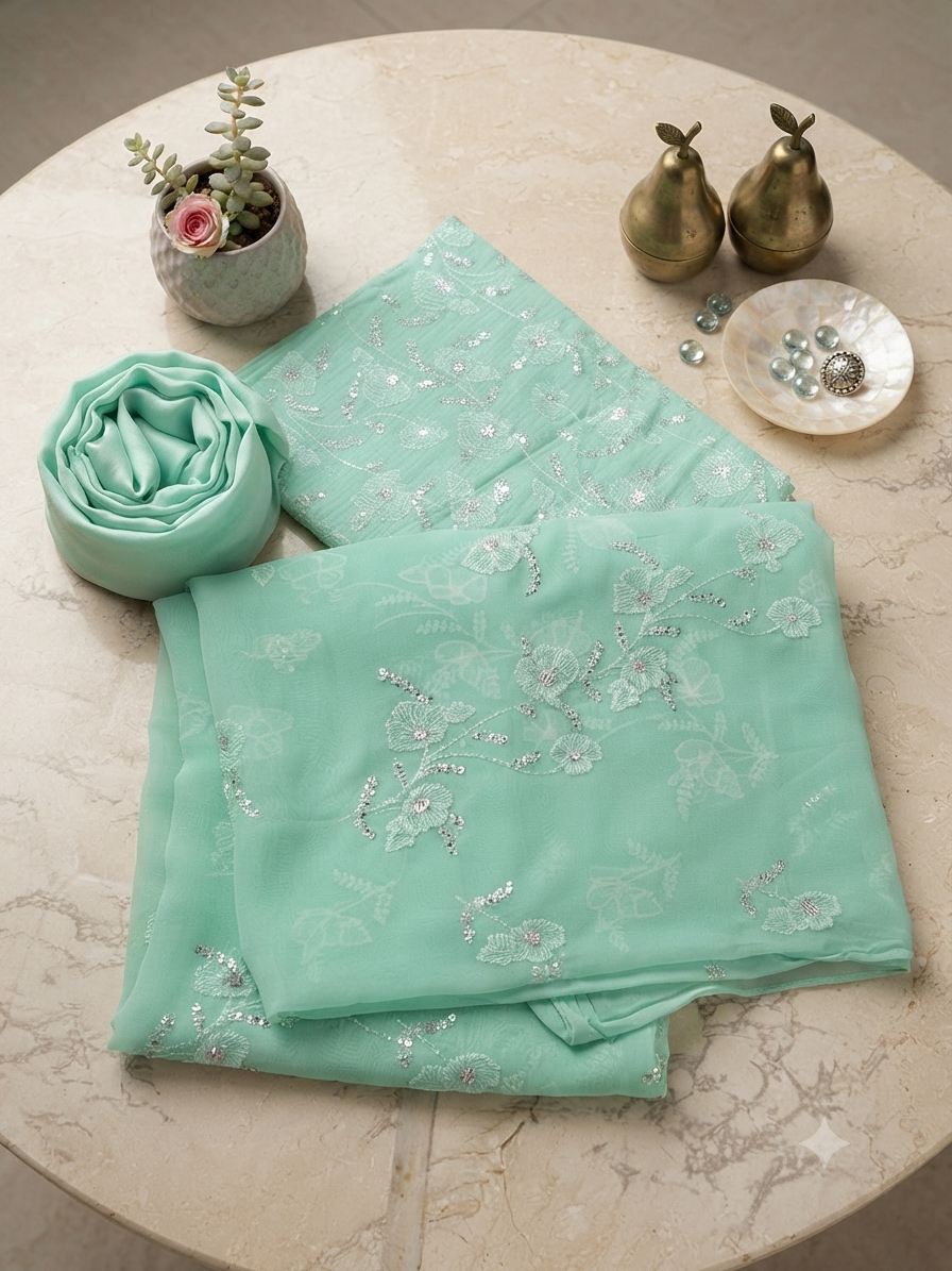Sale embroided Doria lawn 3pc with plain trouser and embroided chiffon dupatta
