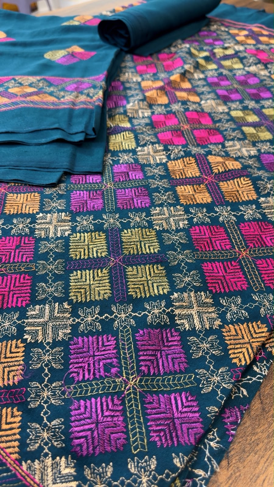 Luxury embroided karandi 3pc with heavy embroided shawl light embroided shirt plain trouser