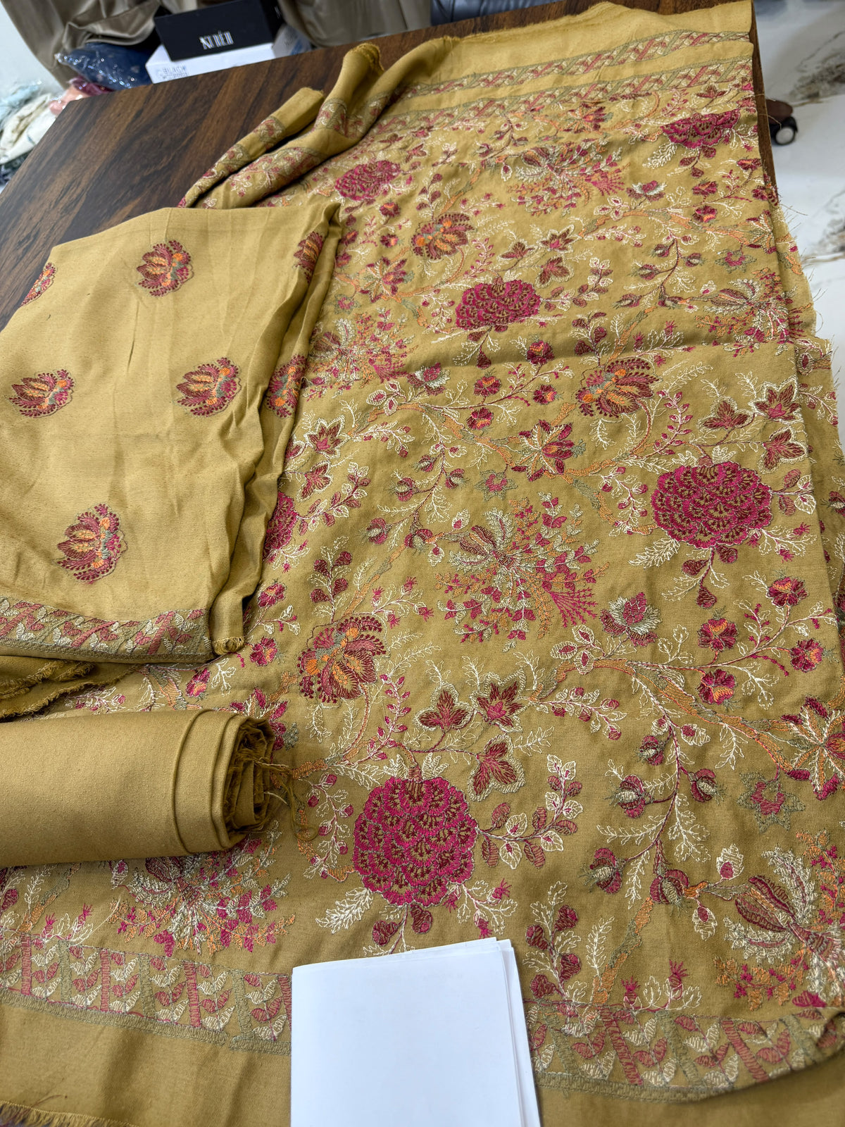 Luxury embroided karandi 3pc with heavy embroided shawl light embroided shirt plain trouser