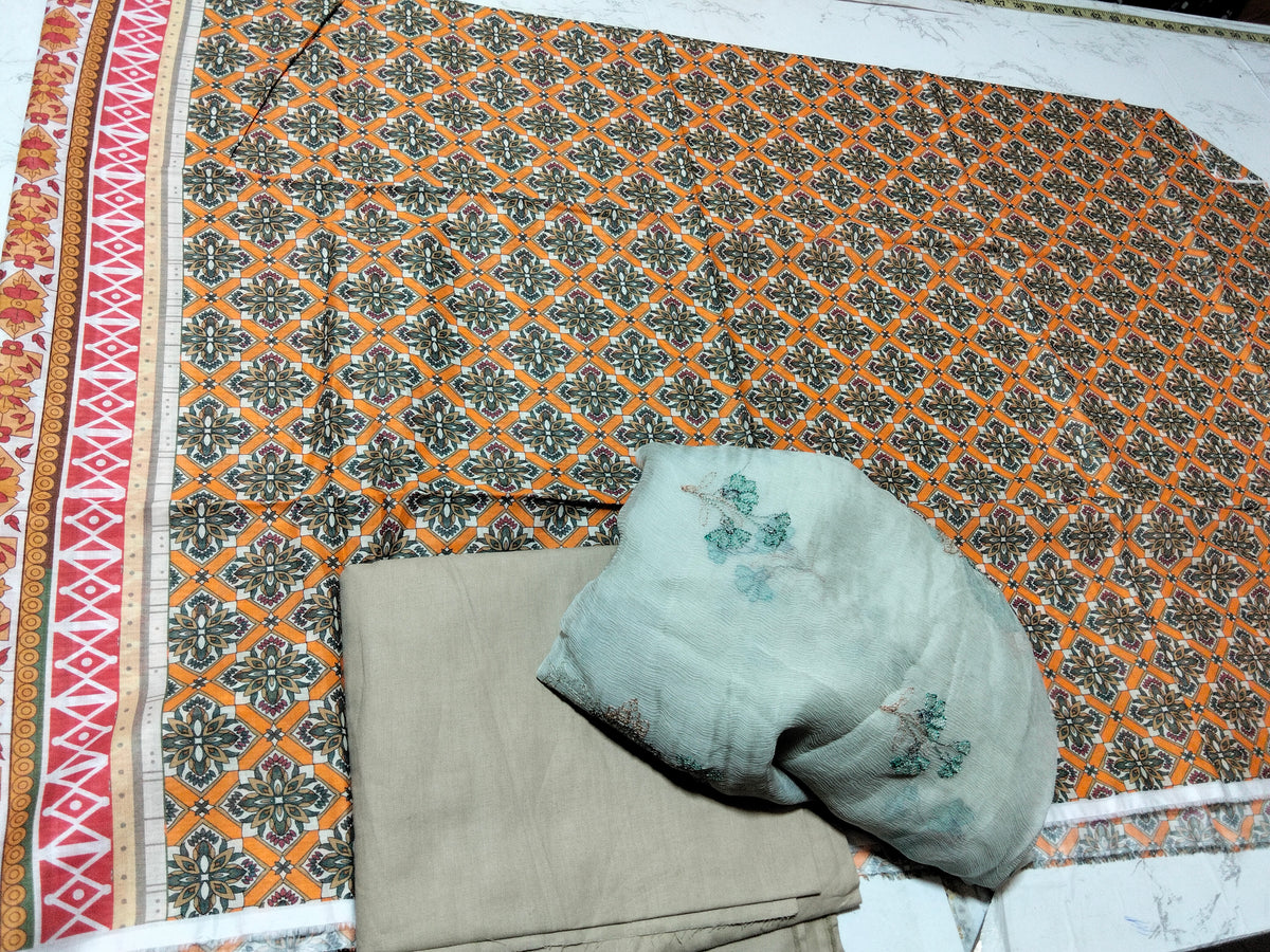 Sale Printed lawn 2Pc+Chicken Kari Embroidered shirt and breeze embroided chiffon dupatta