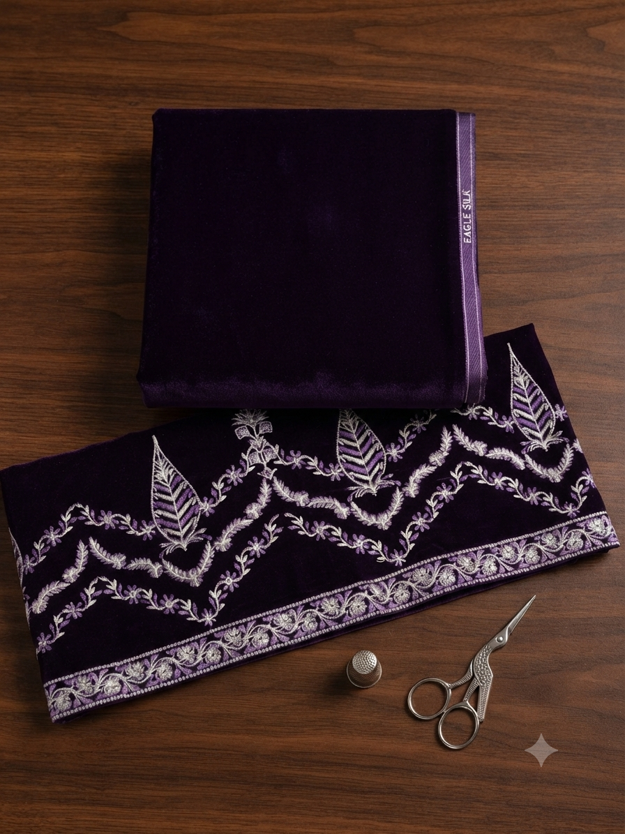 Sale Faiza Faisal embroided velvet shirt with block printed raw silk trouser embroided patch