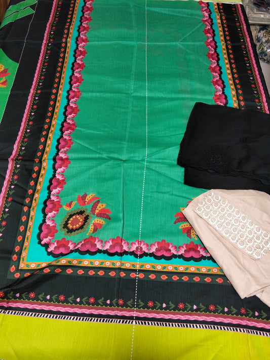 Sale printed shirt with stitch trouser + pure embroided chiffon dupatta