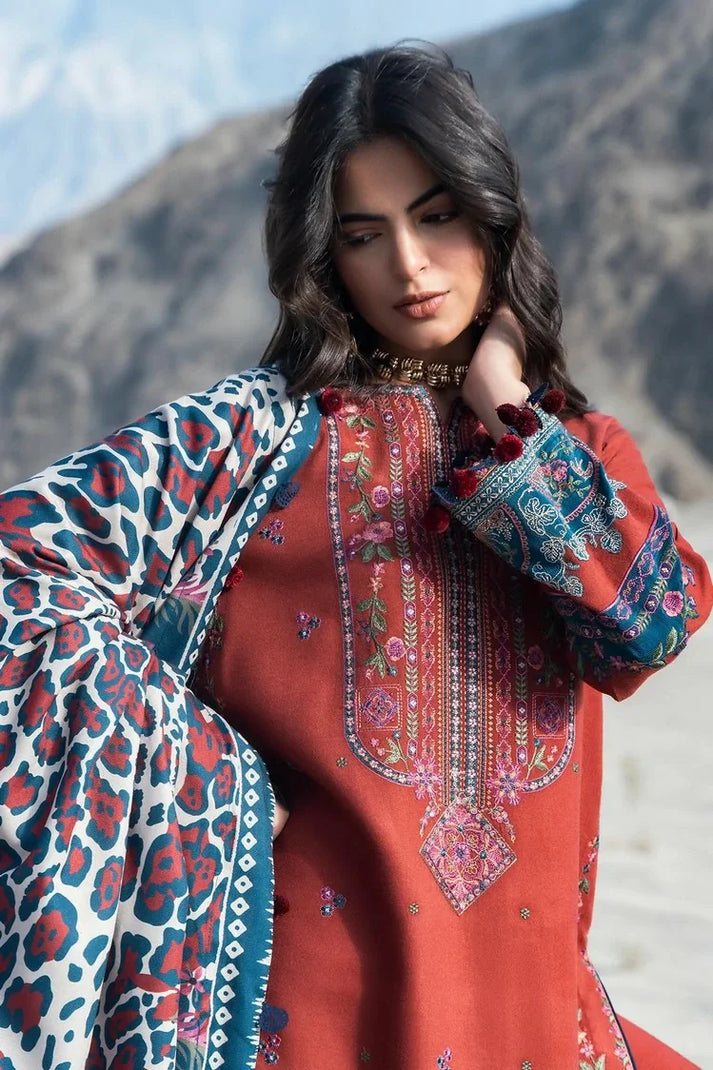 Charizma poshima unstitched 3PC embroided peach leather with printed wool shawl