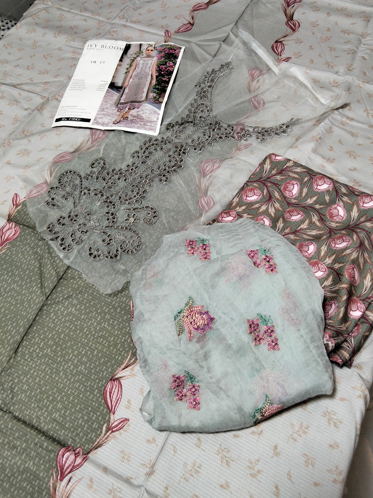 Sale  parishay   printed viscose shirt and printed vicose trouser+embroided pure chiffon dupatta (complete 3pc)