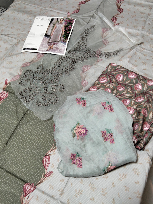 Sale  parishay   printed viscose shirt and printed vicose trouser+embroided pure chiffon dupatta (complete 3pc)