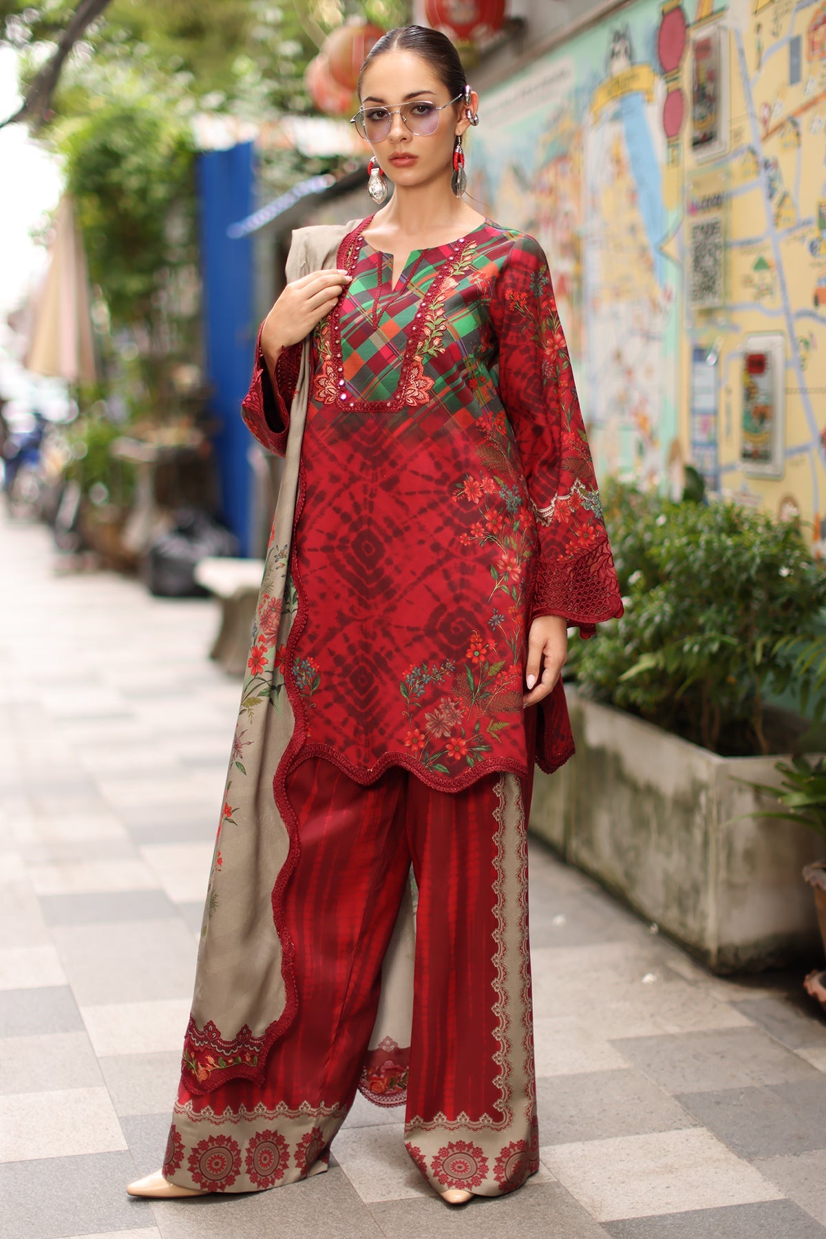 Charizma combination 3pc embroided linen with embroided Irish linen Shawl