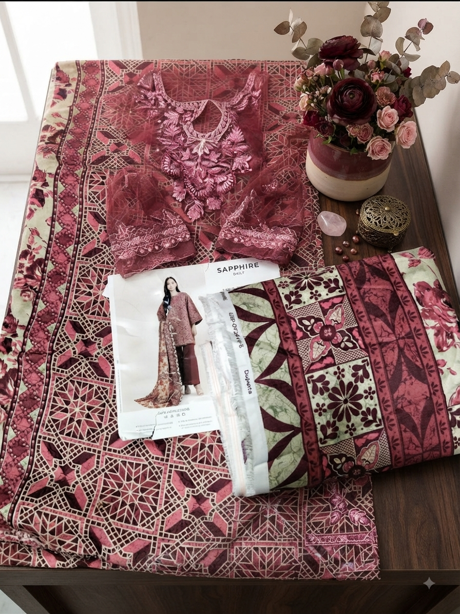 Sale sapphire printed Khaddar 3pc with plain trouser and embroided patches
