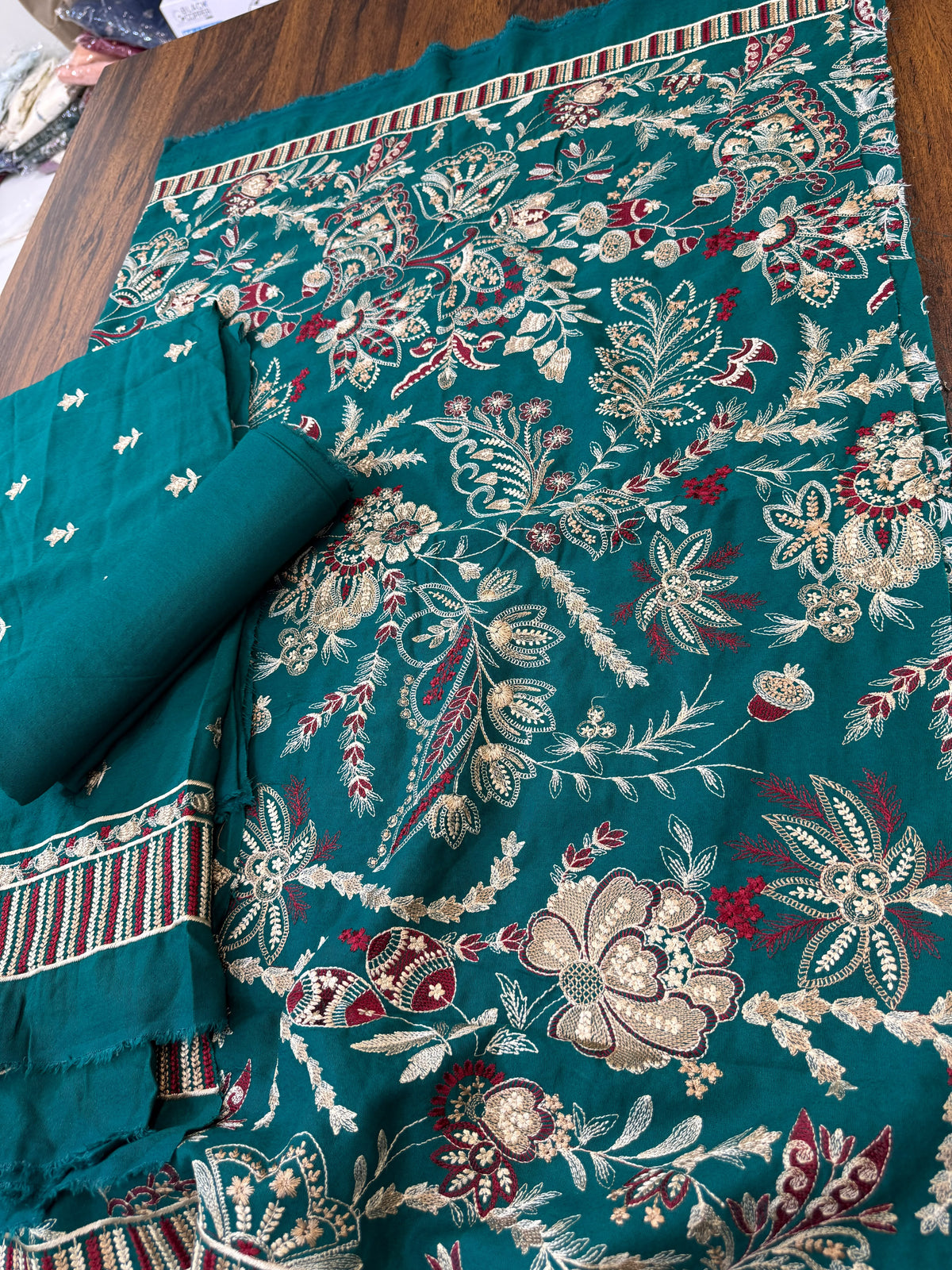 Peacock blue Luxury embroided karandi 3pc with heavy embroided shawl light embroided shirt plain trouser
