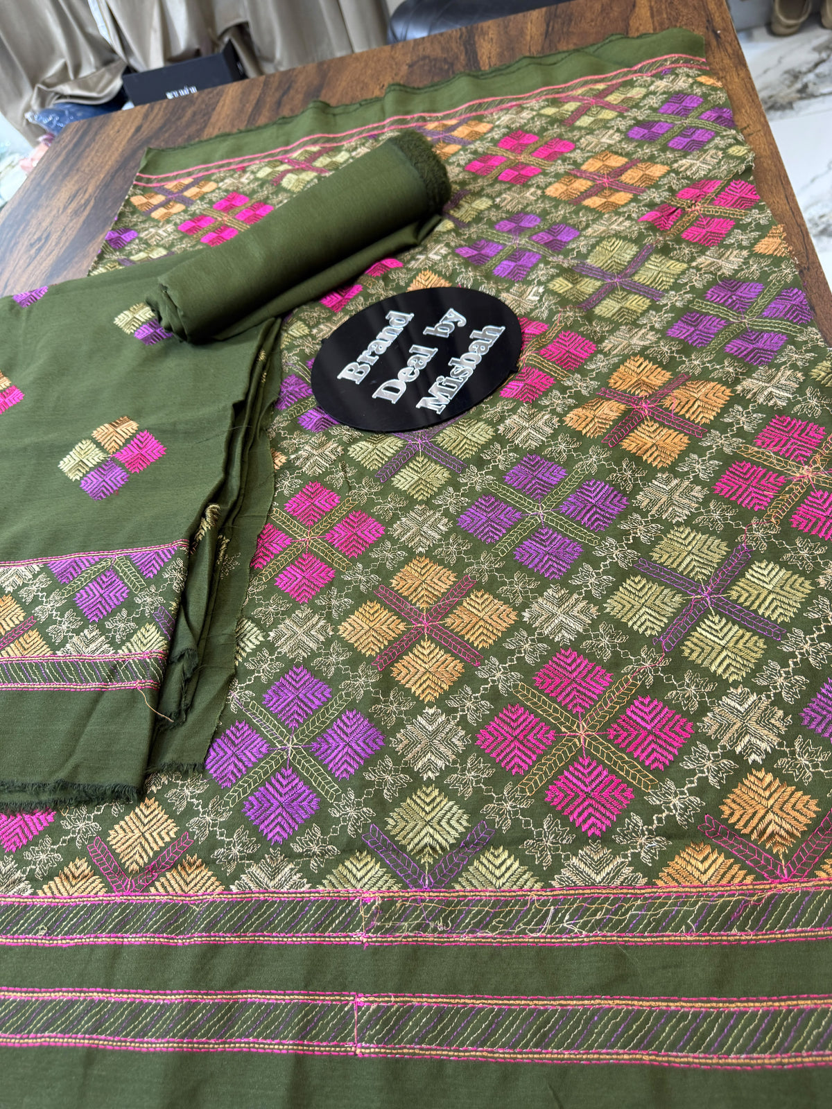 Luxury embroided karandi 3pc with heavy embroided shawl light embroided shirt plain trouser