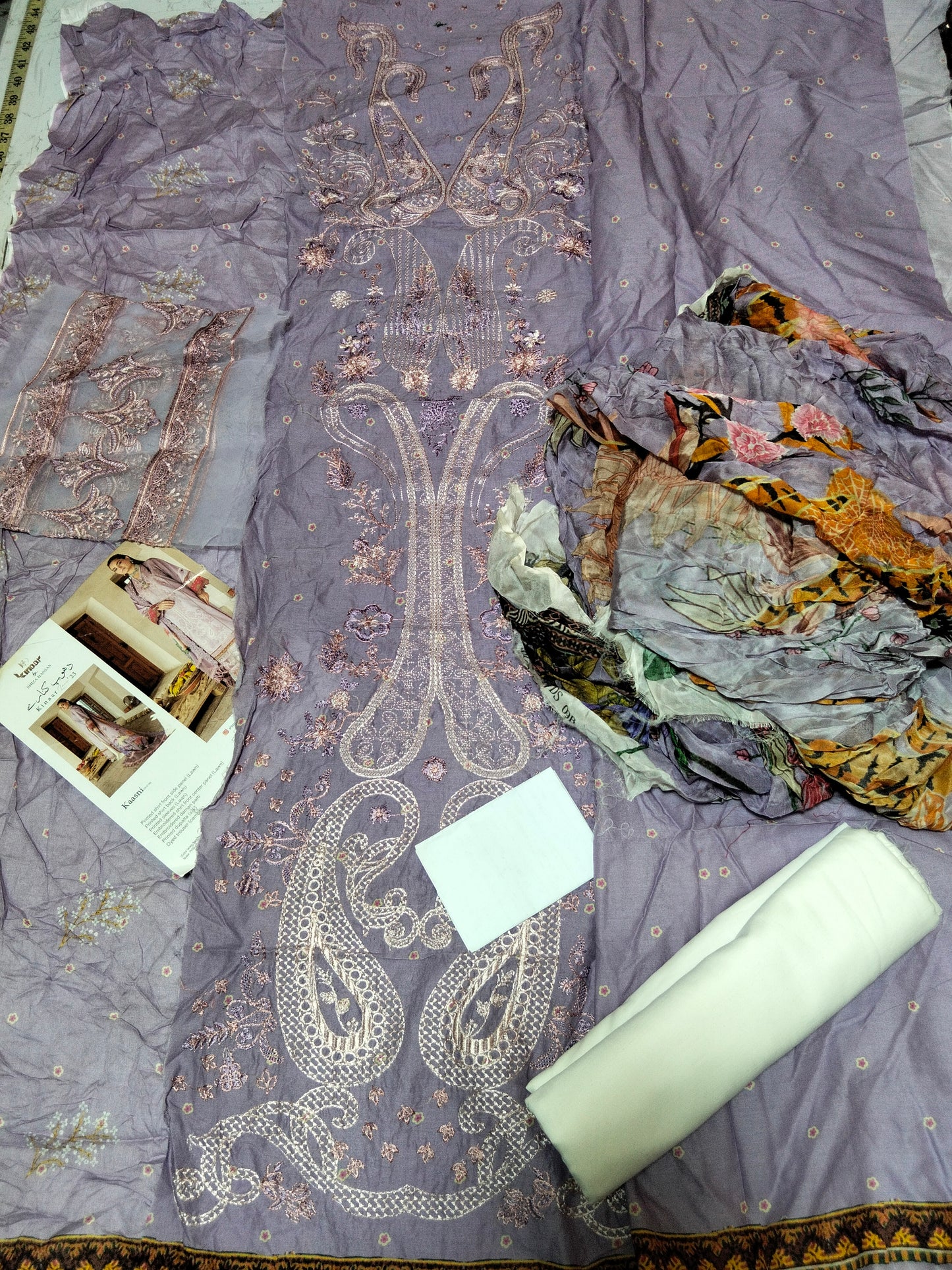 Sale embroided lawn 3pc with plain trouser and printed silk dupatta