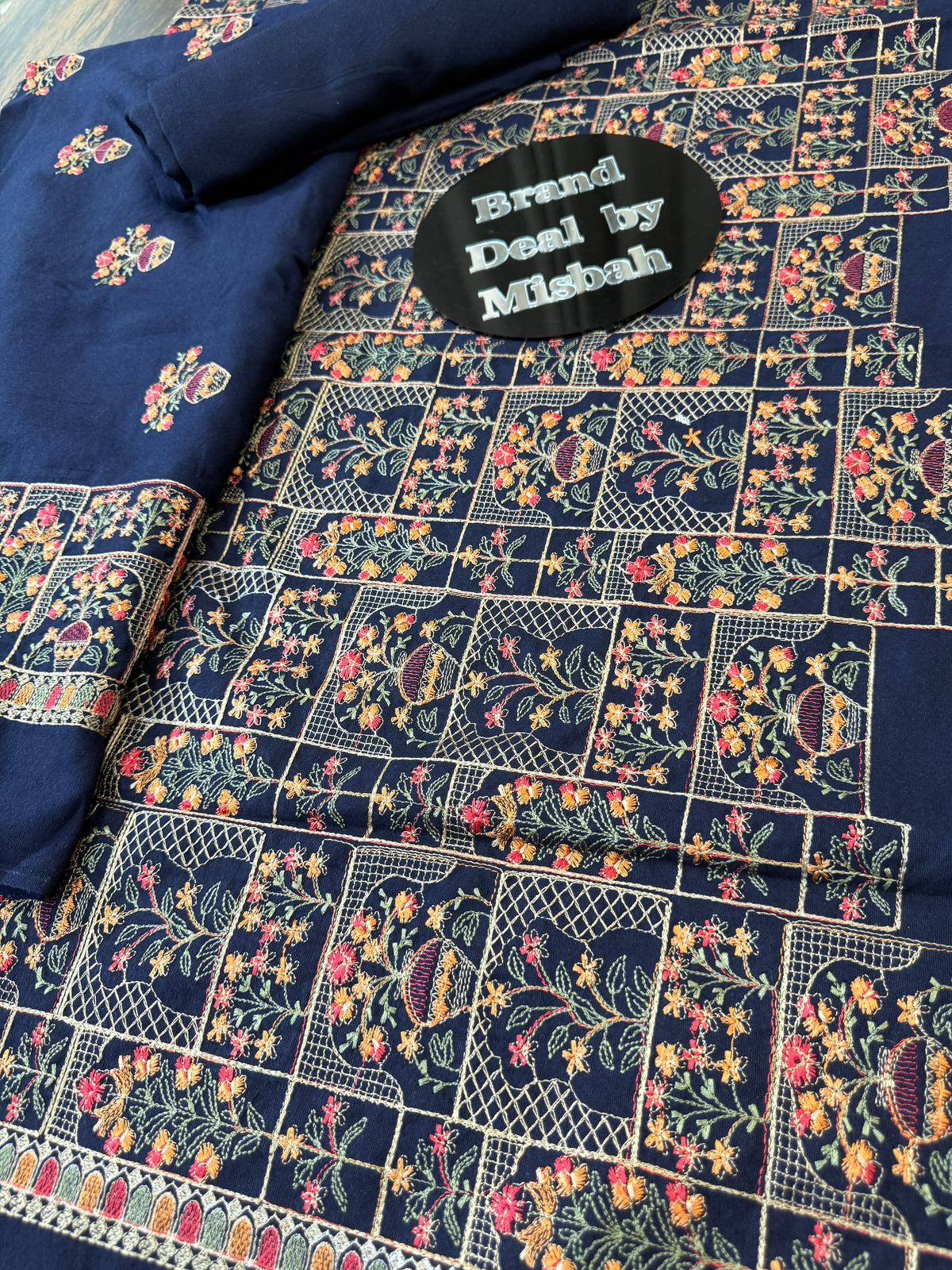 Navy blue Luxury embroided karandi 3pc with heavy embroided shawl light embroided shirt plain trouser