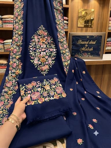 Luxury embroided karandi 3pc with heavy embroided shawl light embroided shirt plain trouser
