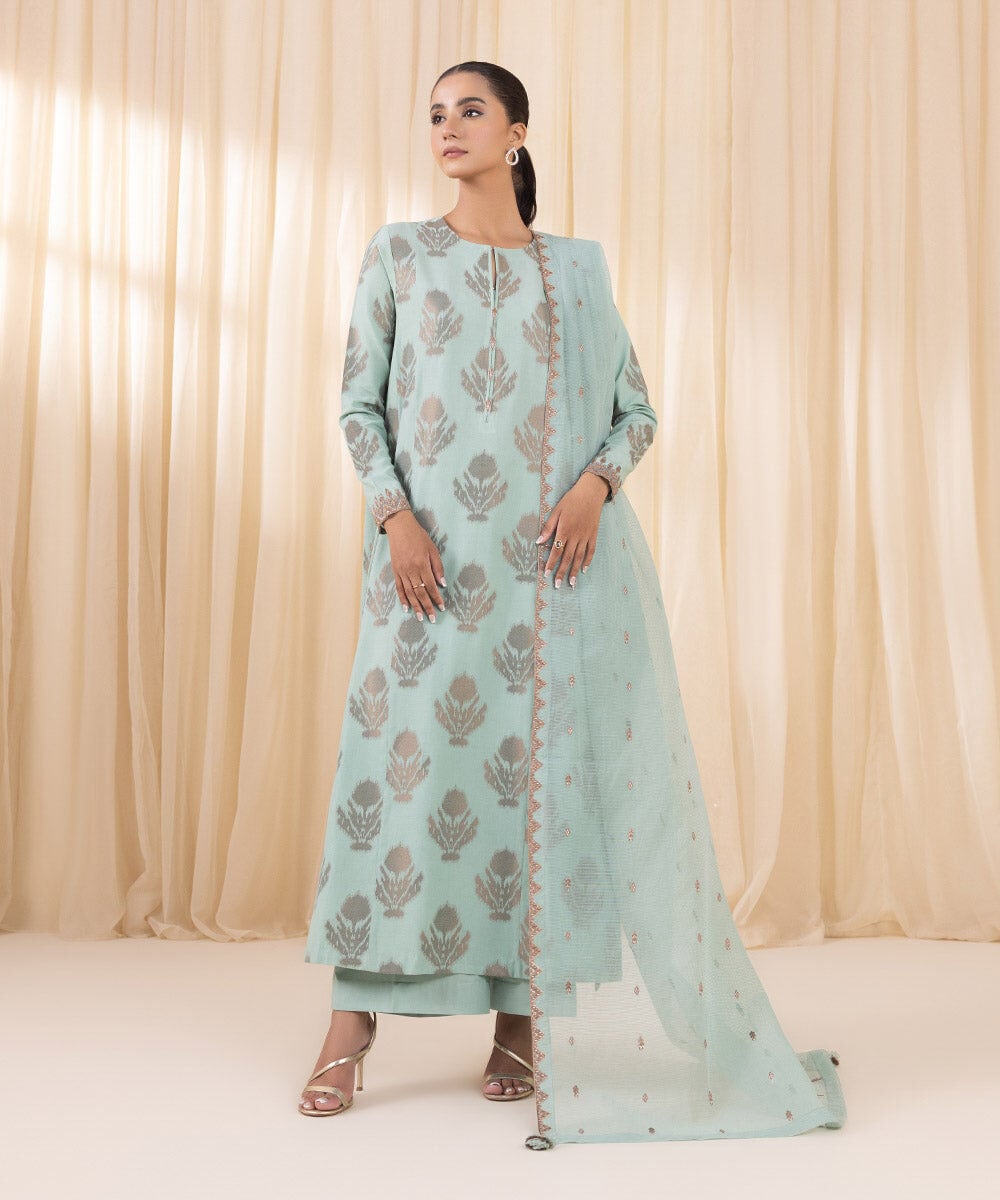 Sale sapphire jacquard lawn shirt with plain trouser and embroided Khadi net dupatta( unstitched)